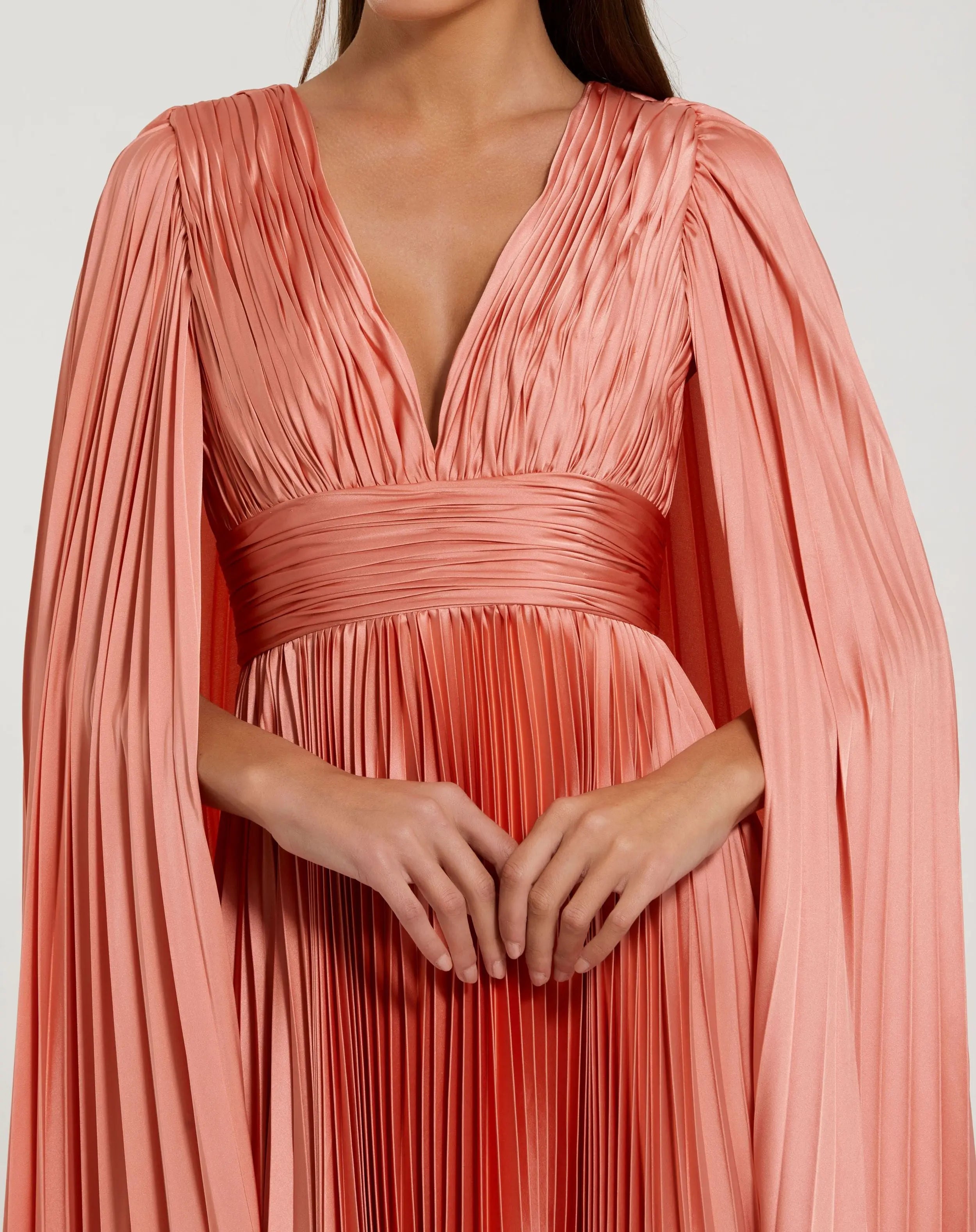 Pink Pleated Charmeuse V Neck Gown With Cape-Myartka