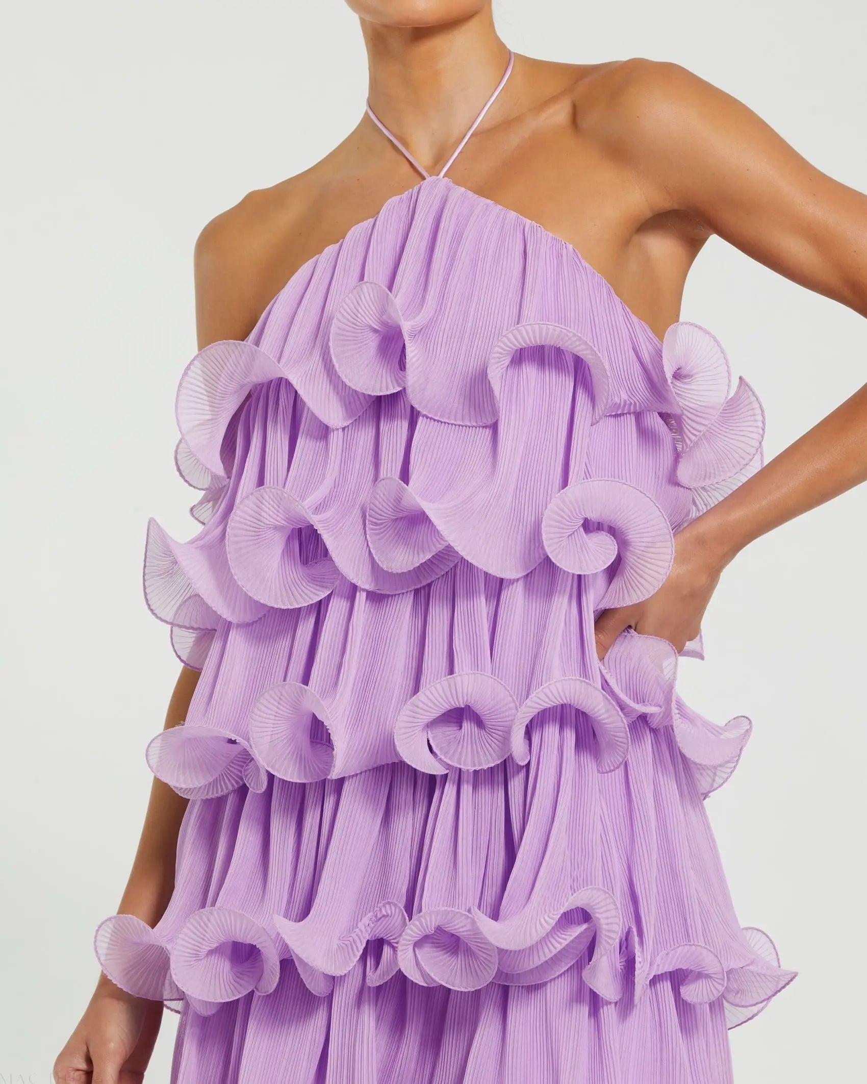 Purple Crinkle Chiffon Tiered Ruffle Mini Dress-Myartka