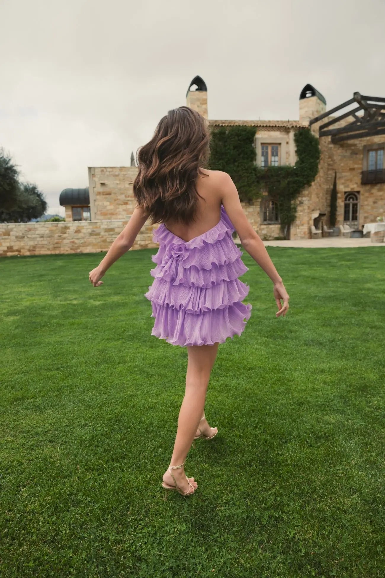 Purple Crinkle Chiffon Tiered Ruffle Mini Dress-Myartka
