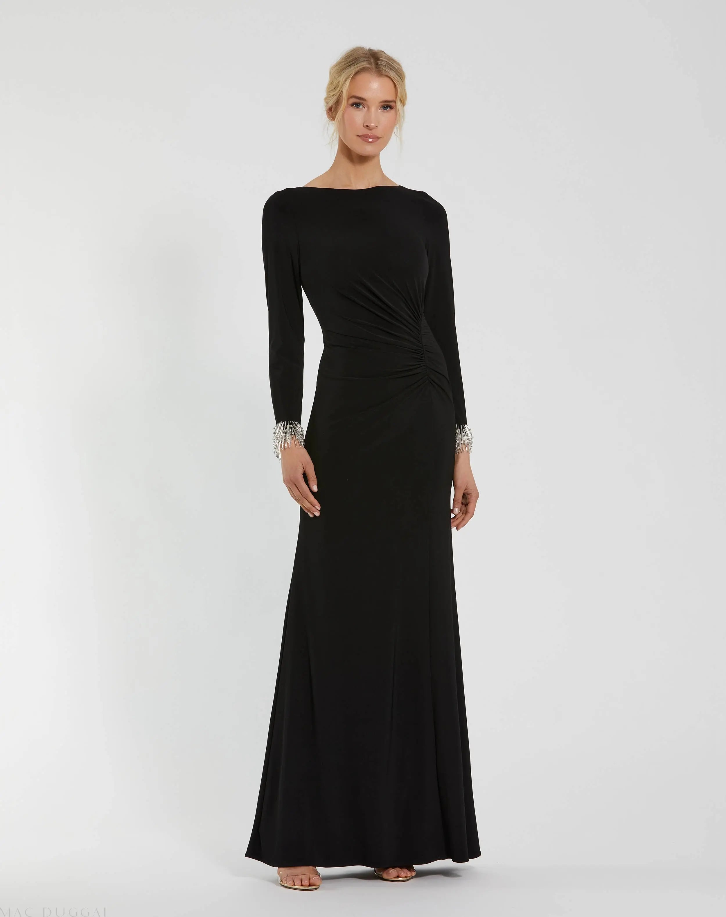 Black Long Sleeve Jersey Gown With Beaded Cuff Sleeves-Myartka