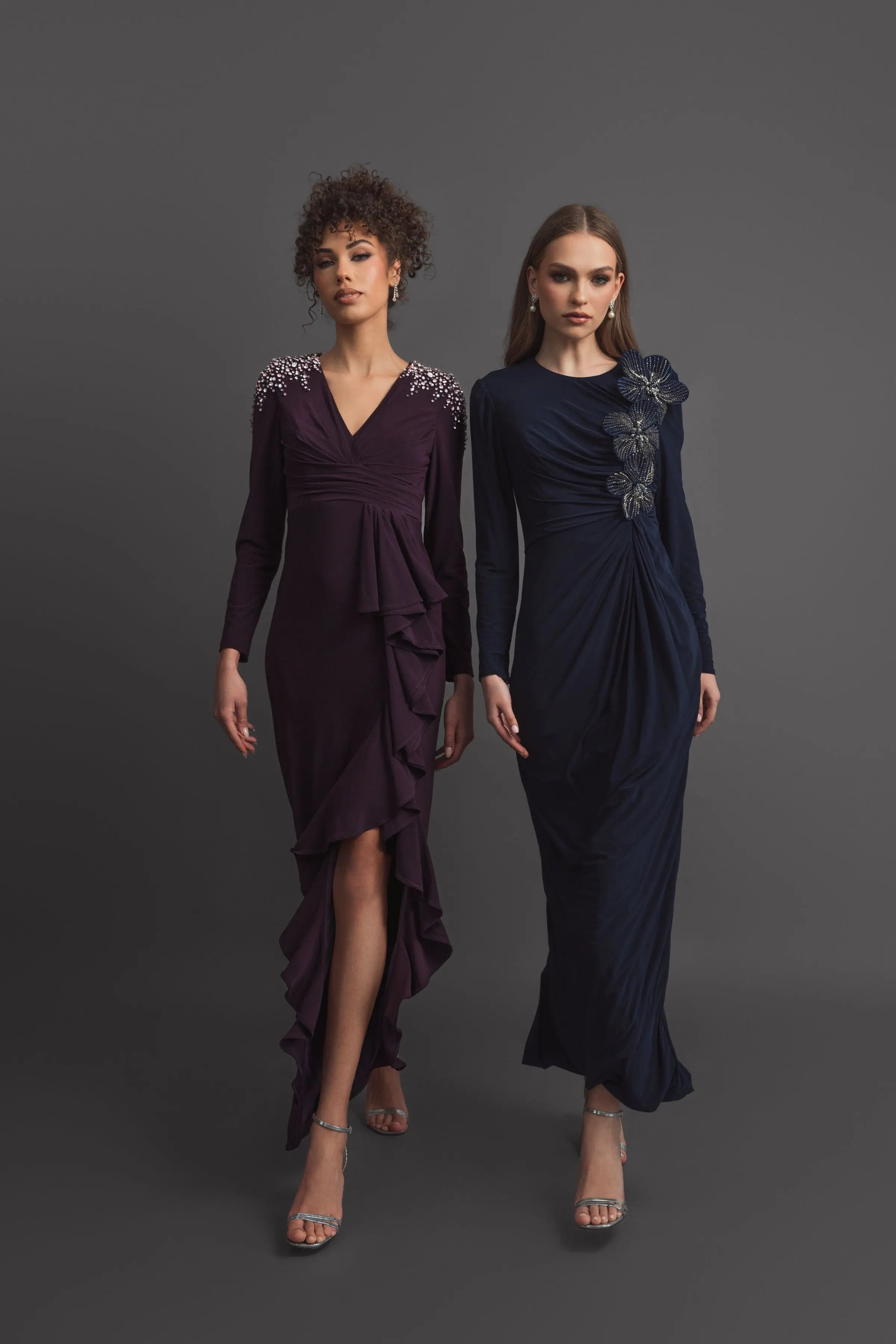 Purple Long Sleeve Gown with Cascading Ruffle & Rhinestone Shoulders-Myartka