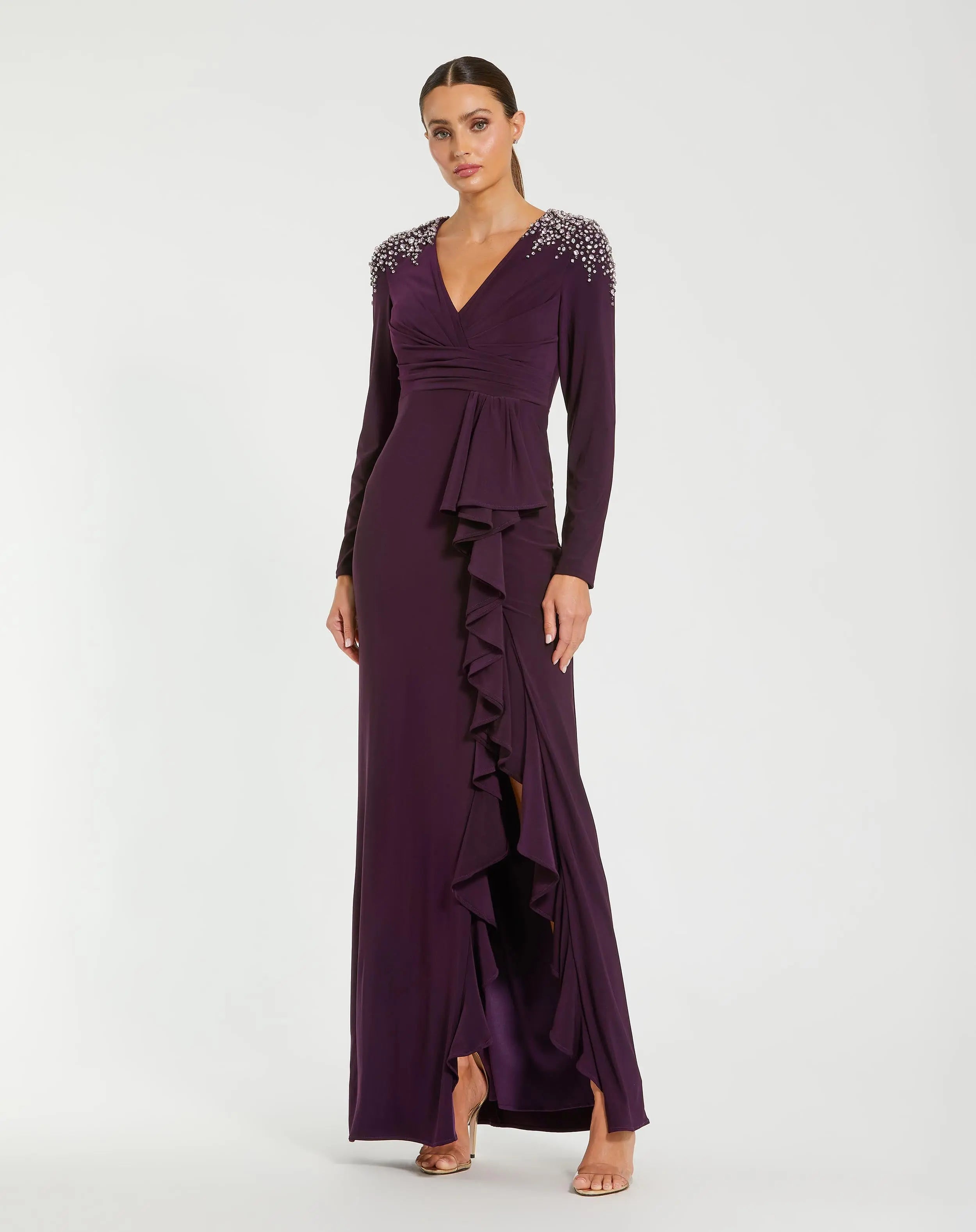 Purple Long Sleeve Gown with Cascading Ruffle & Rhinestone Shoulders-Myartka
