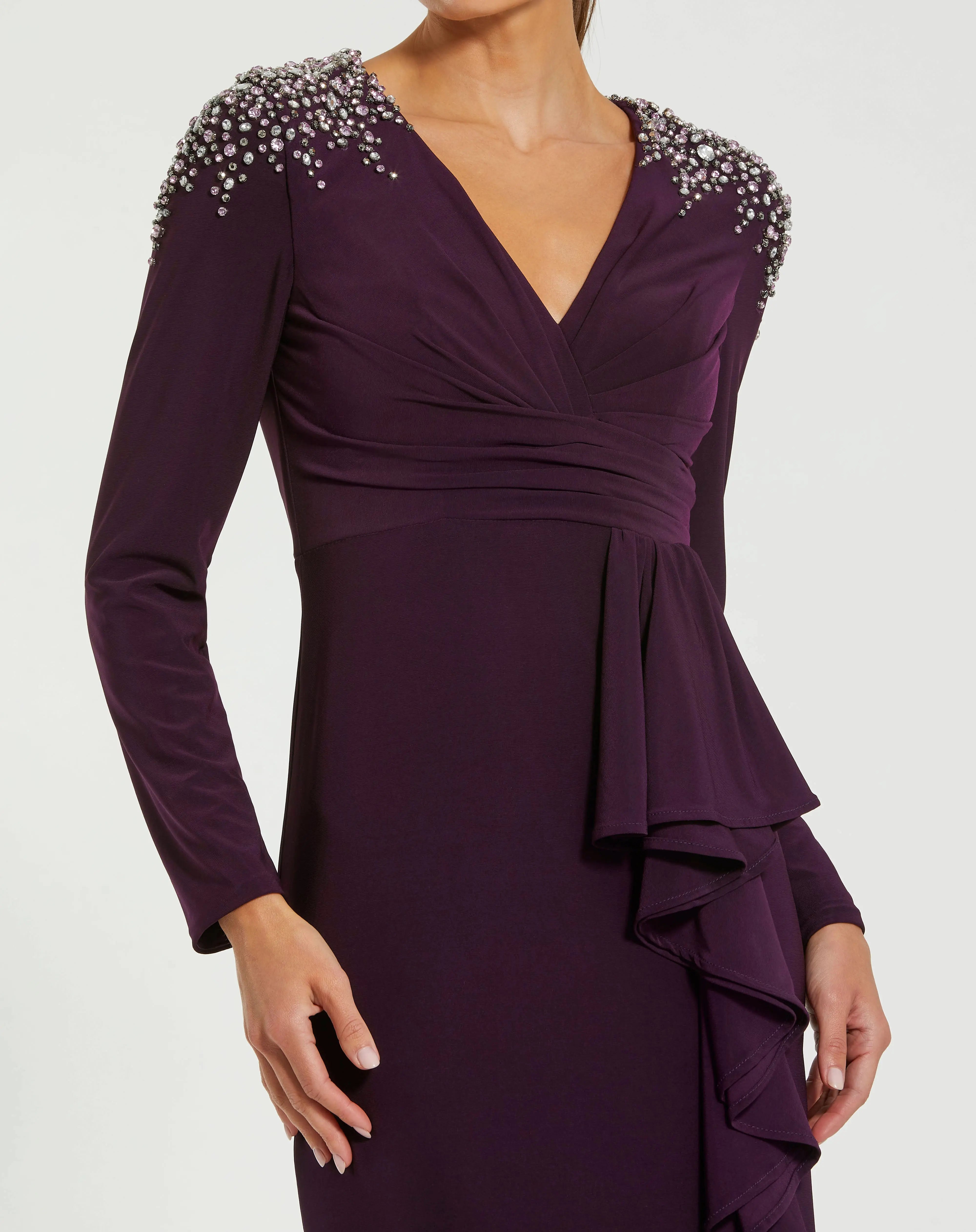 Purple Long Sleeve Gown with Cascading Ruffle & Rhinestone Shoulders-Myartka