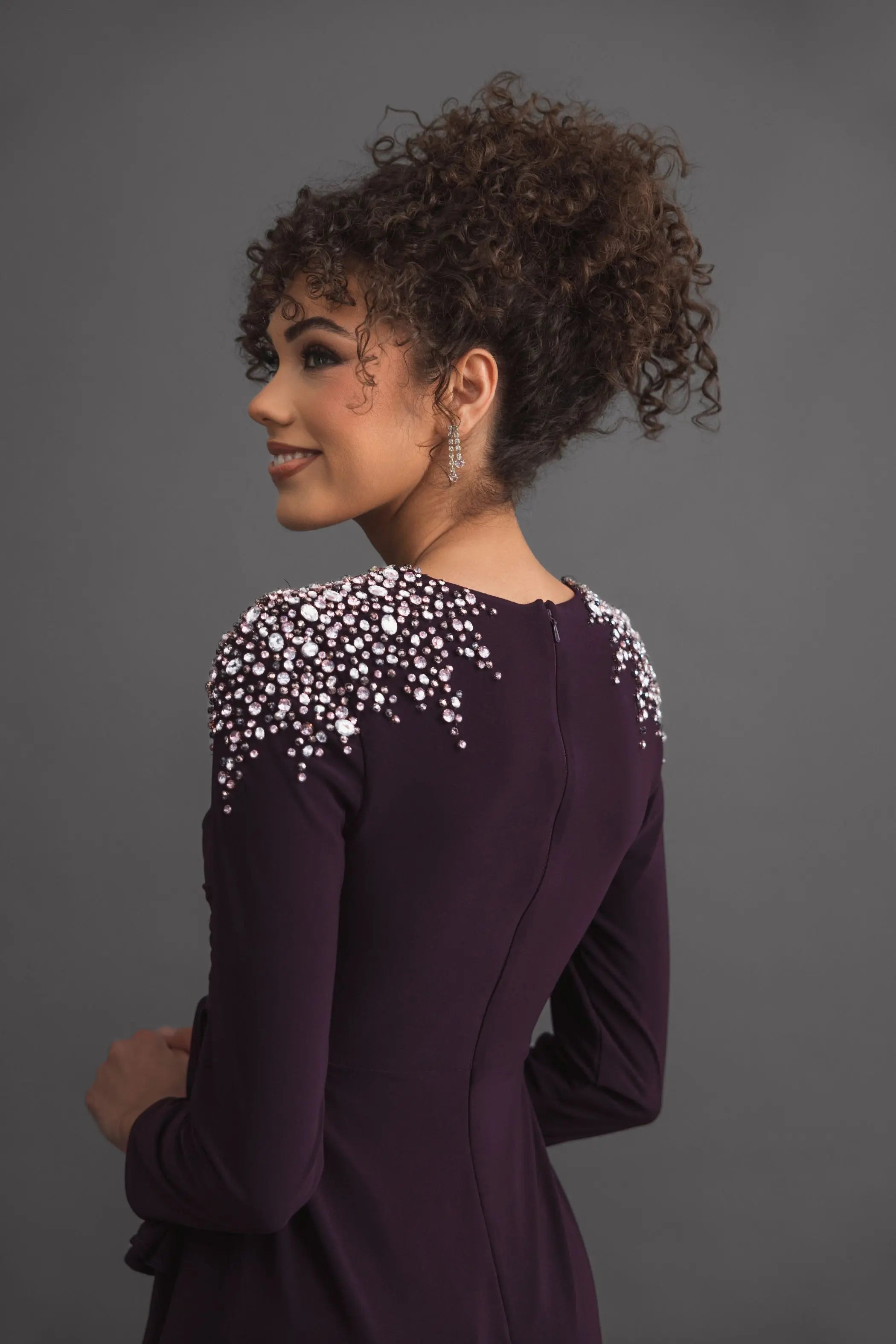 Purple Long Sleeve Gown with Cascading Ruffle & Rhinestone Shoulders-Myartka