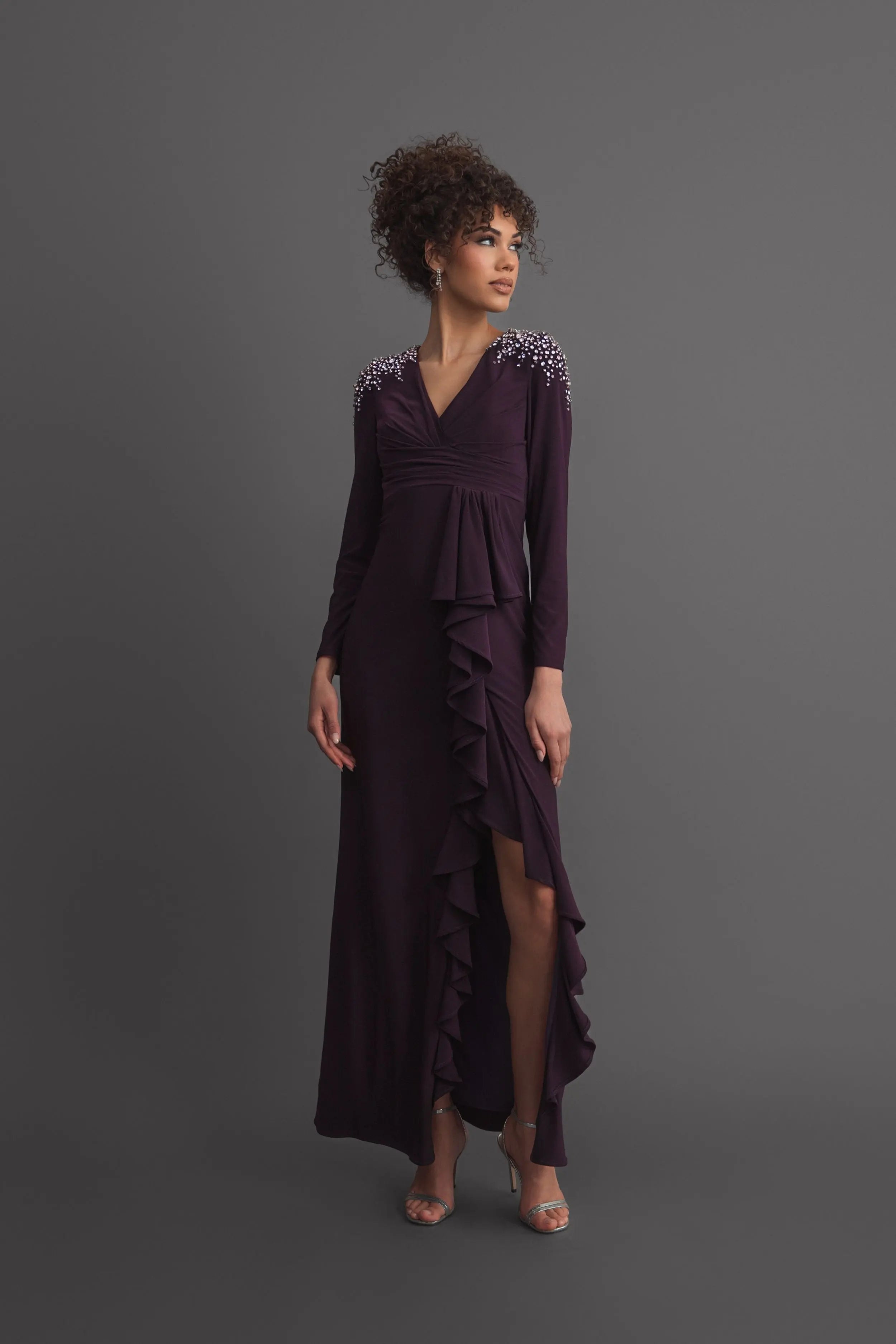 Purple Long Sleeve Gown with Cascading Ruffle & Rhinestone Shoulders-Myartka