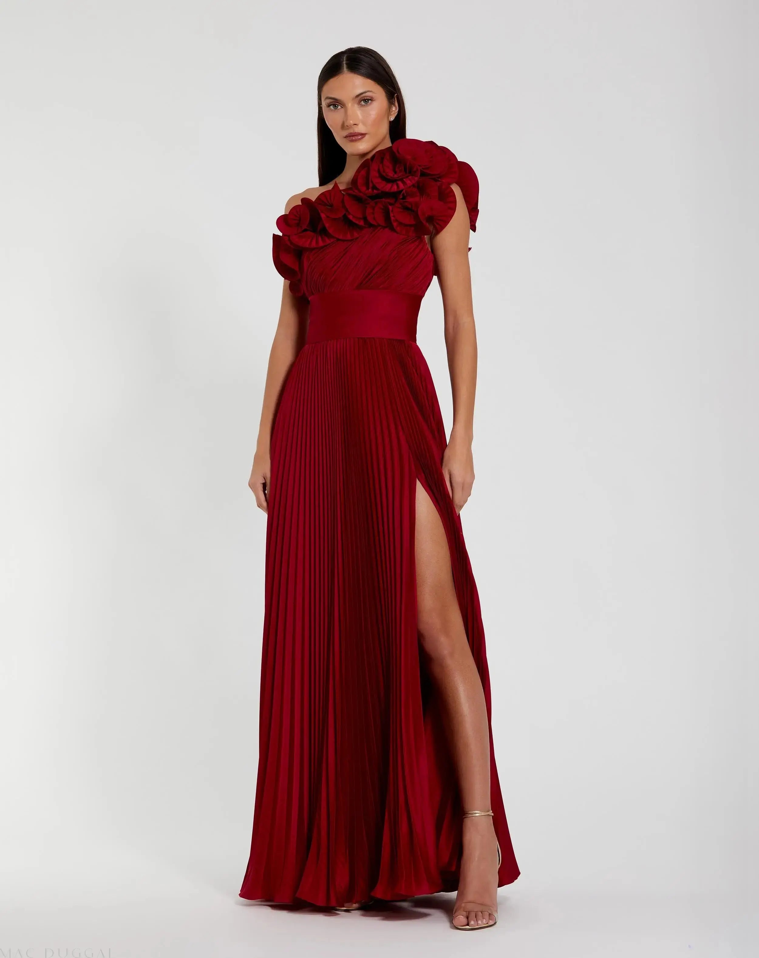 Red Pleated Charmeuse One-Shoulder Evening Gown with Ruffle Detail-Myartka