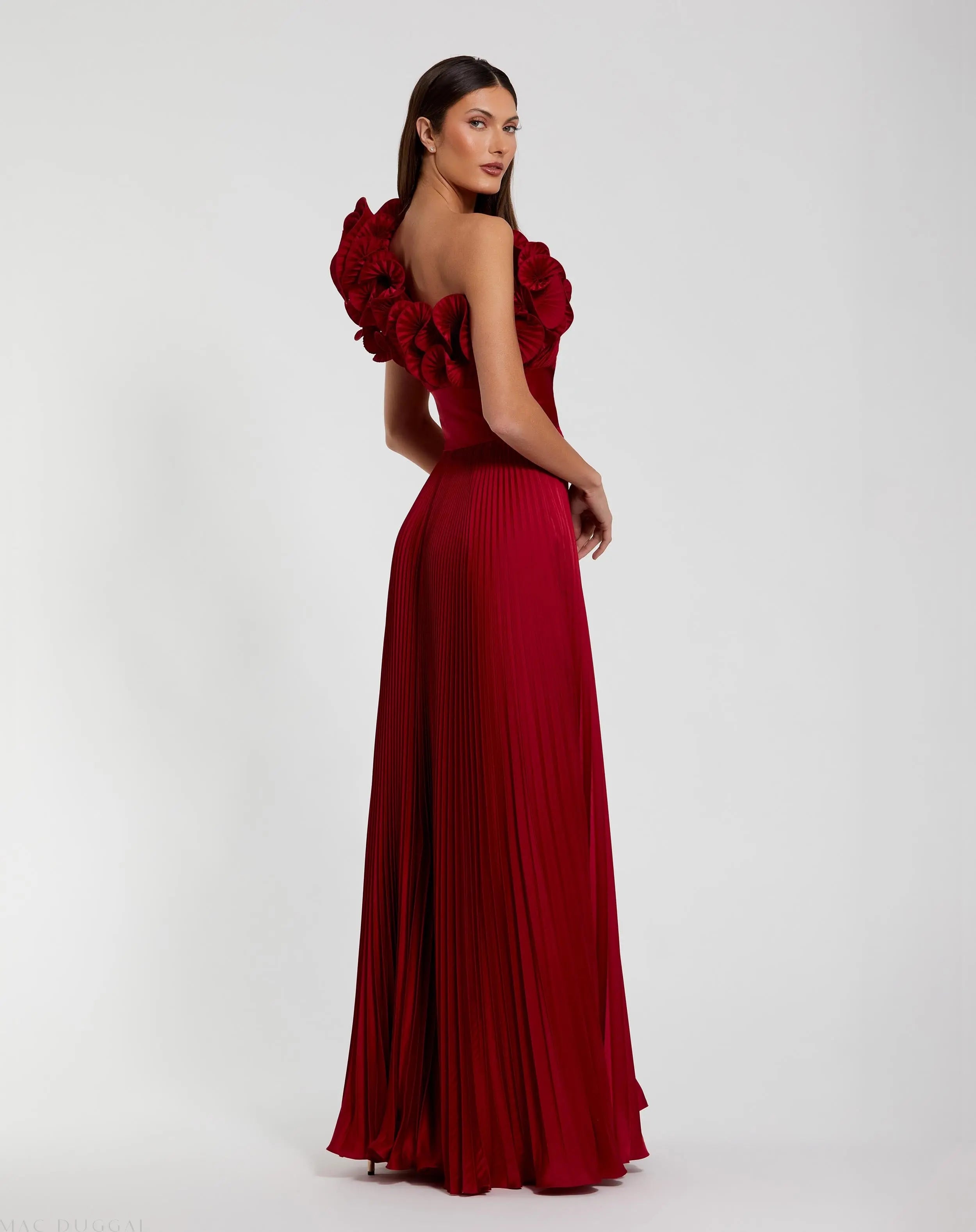 Red Pleated Charmeuse One-Shoulder Evening Gown with Ruffle Detail-Myartka