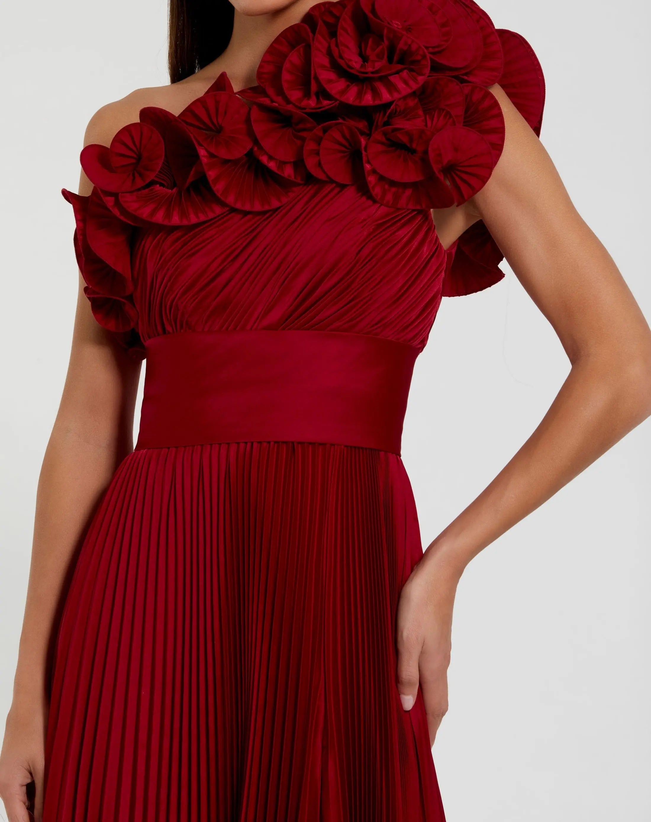 Red Pleated Charmeuse One-Shoulder Evening Gown with Ruffle Detail-Myartka