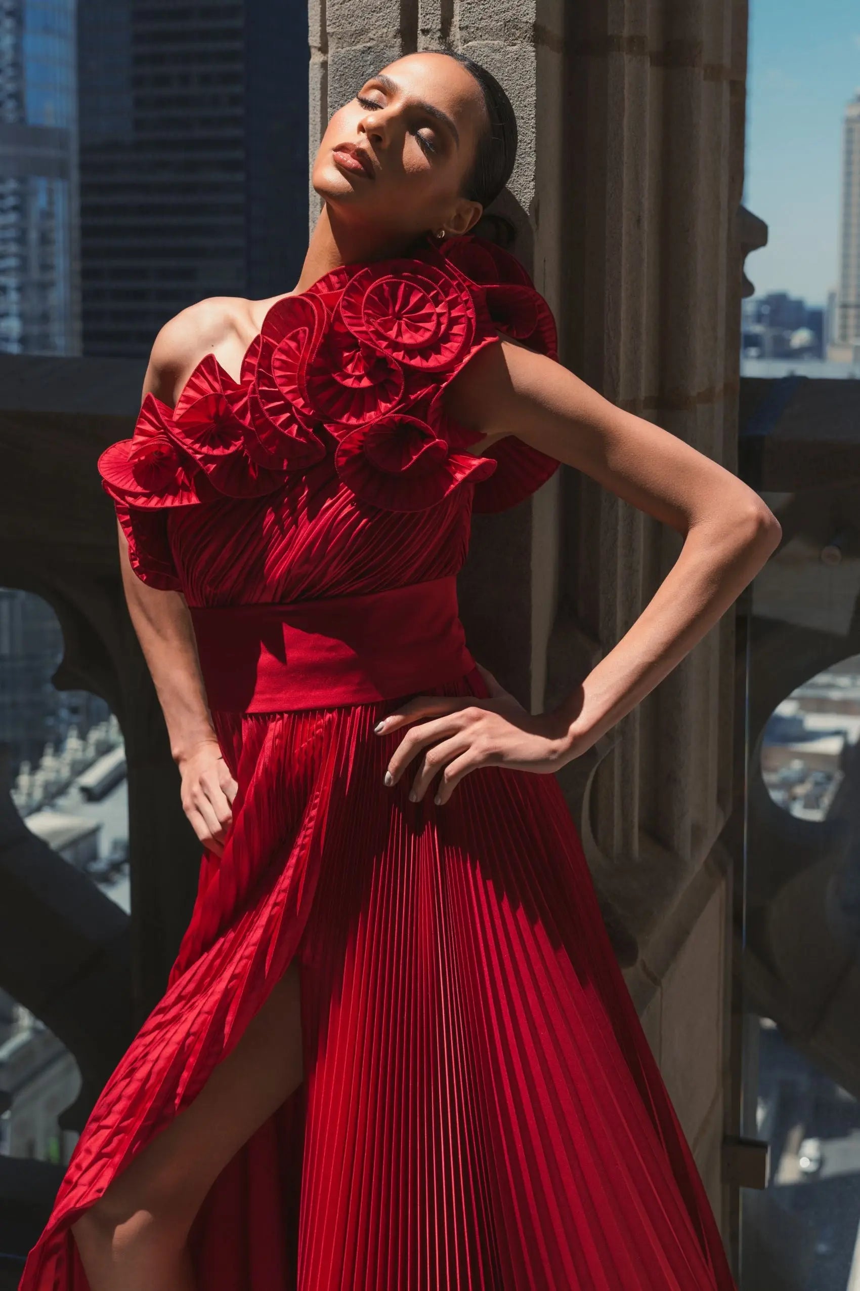 Red Pleated Charmeuse One-Shoulder Evening Gown with Ruffle Detail-Myartka