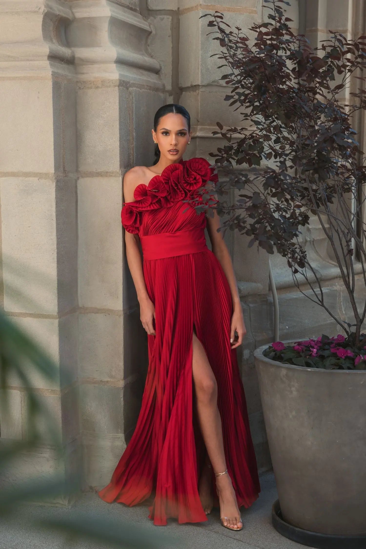 Red Pleated Charmeuse One-Shoulder Evening Gown with Ruffle Detail-Myartka