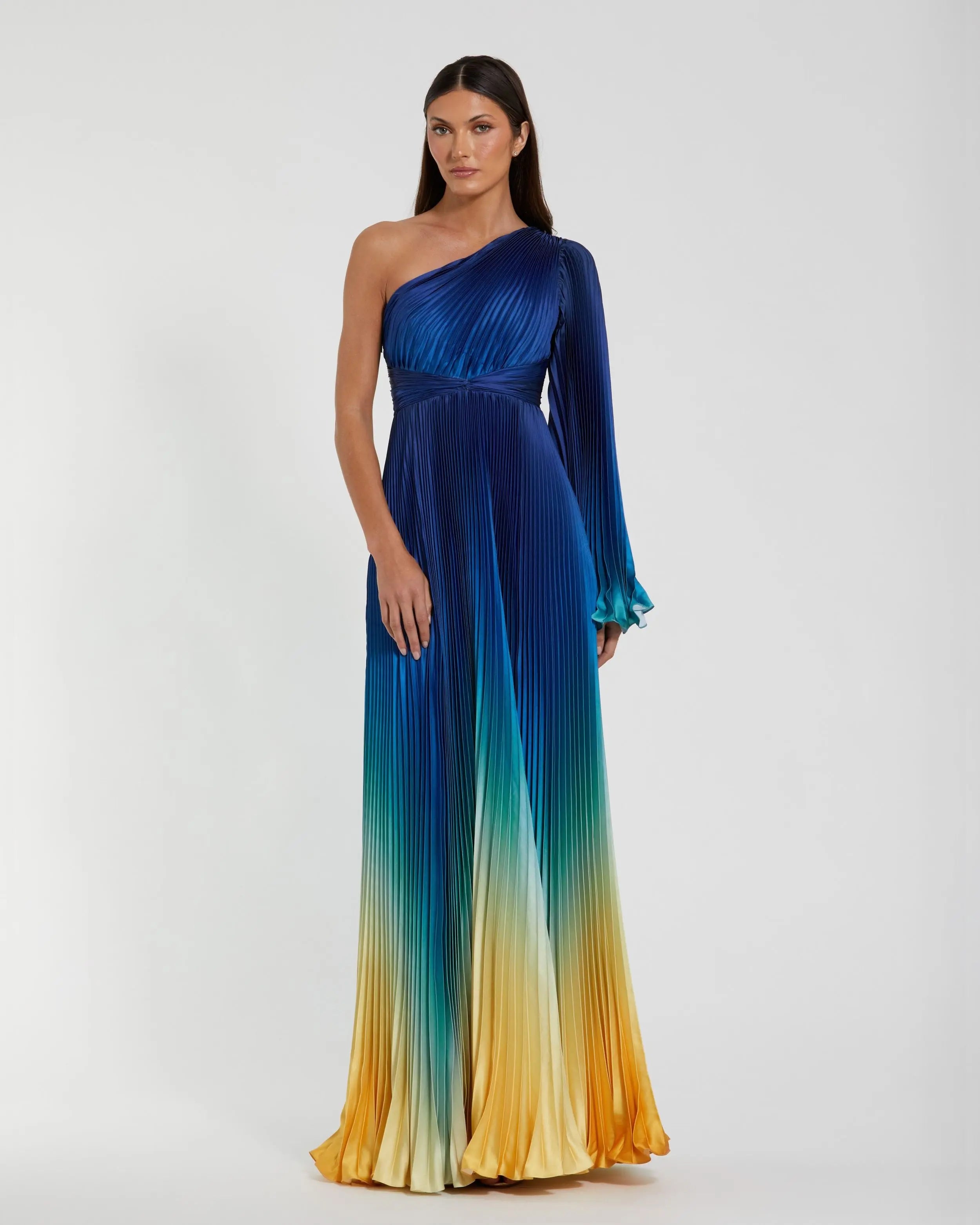 Blue Ombre Pleated Charmeuse One-Shoulder Gown-Myartka