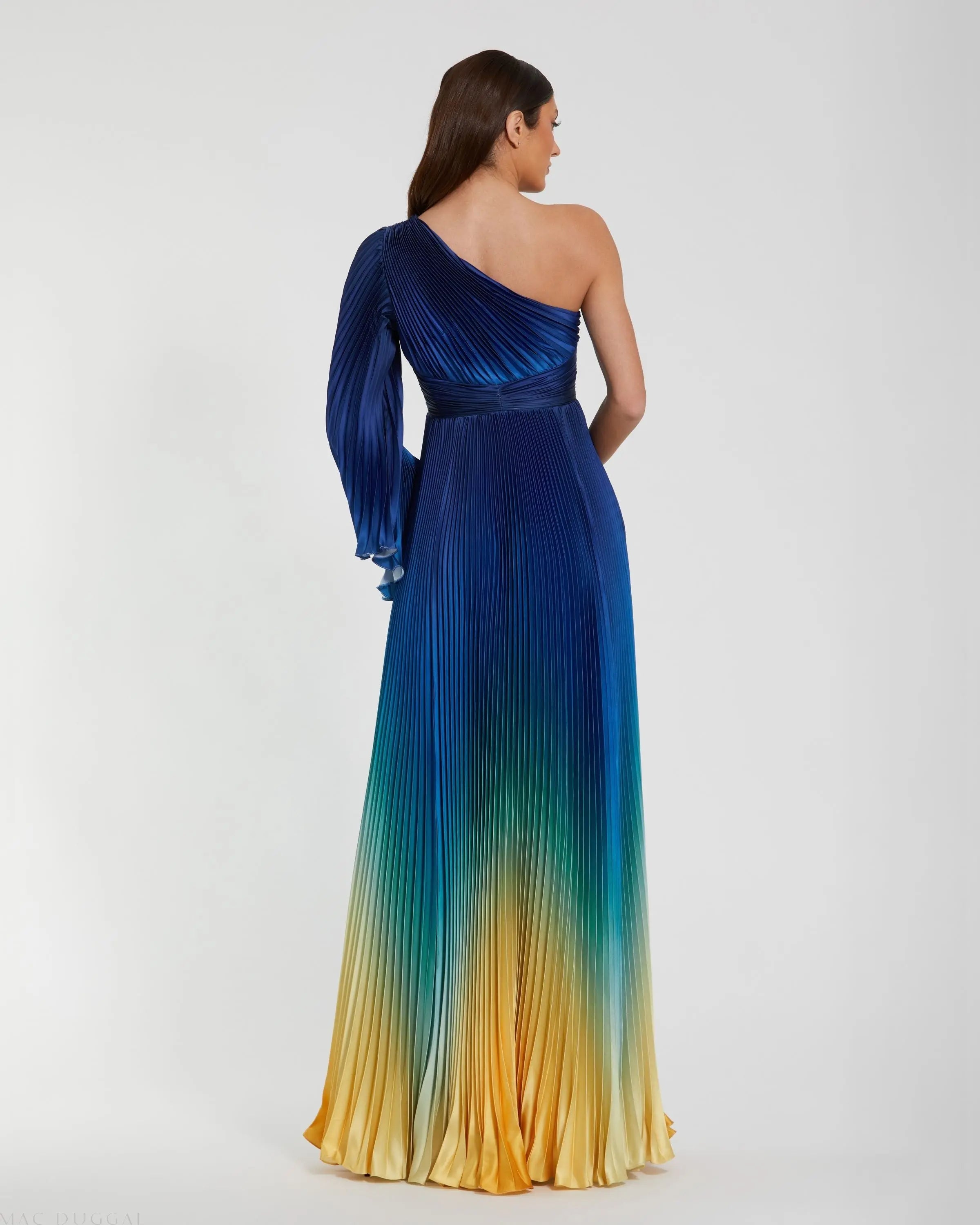 Blue Ombre Pleated Charmeuse One-Shoulder Gown-Myartka