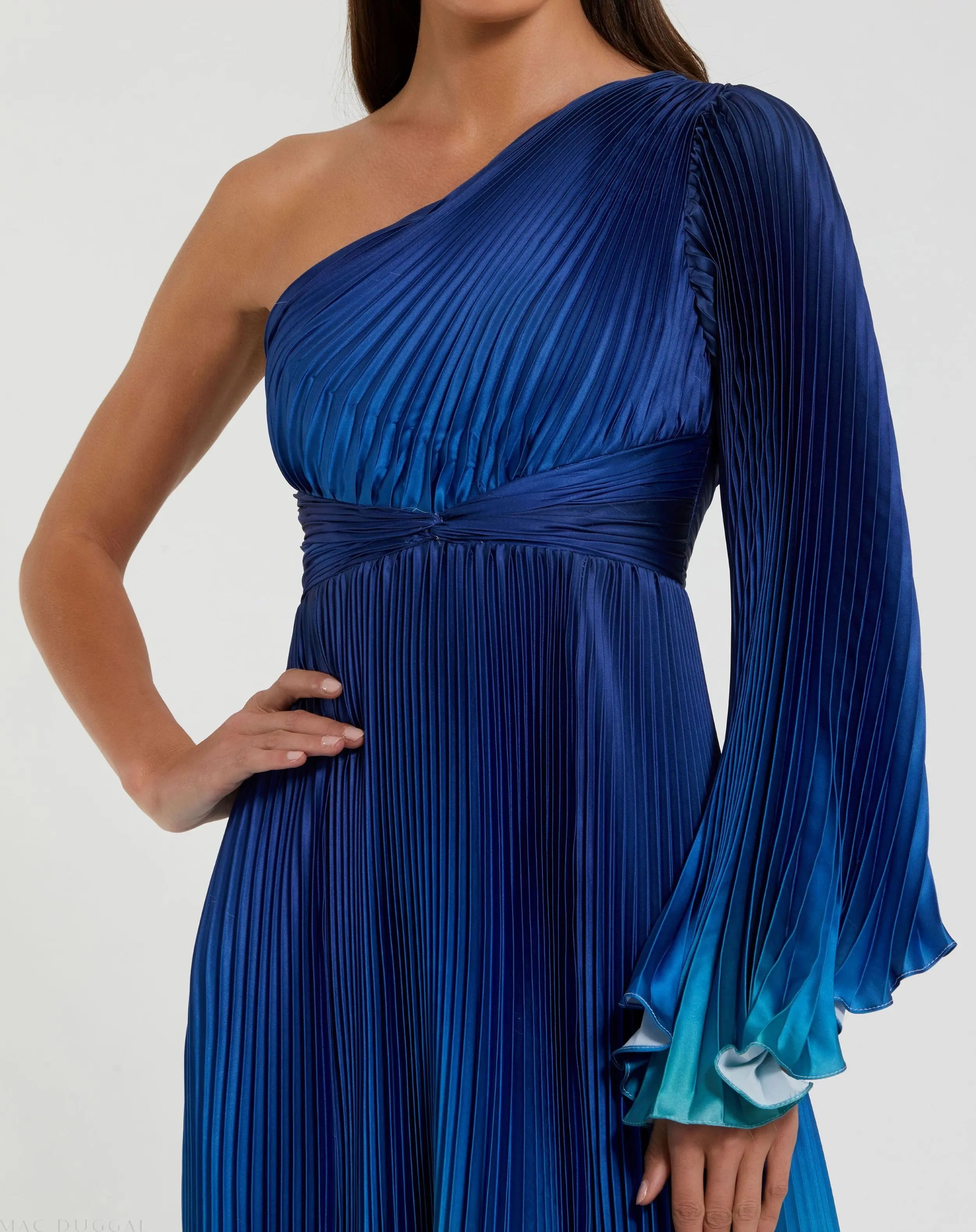 Blue Ombre Pleated Charmeuse One-Shoulder Gown-Myartka