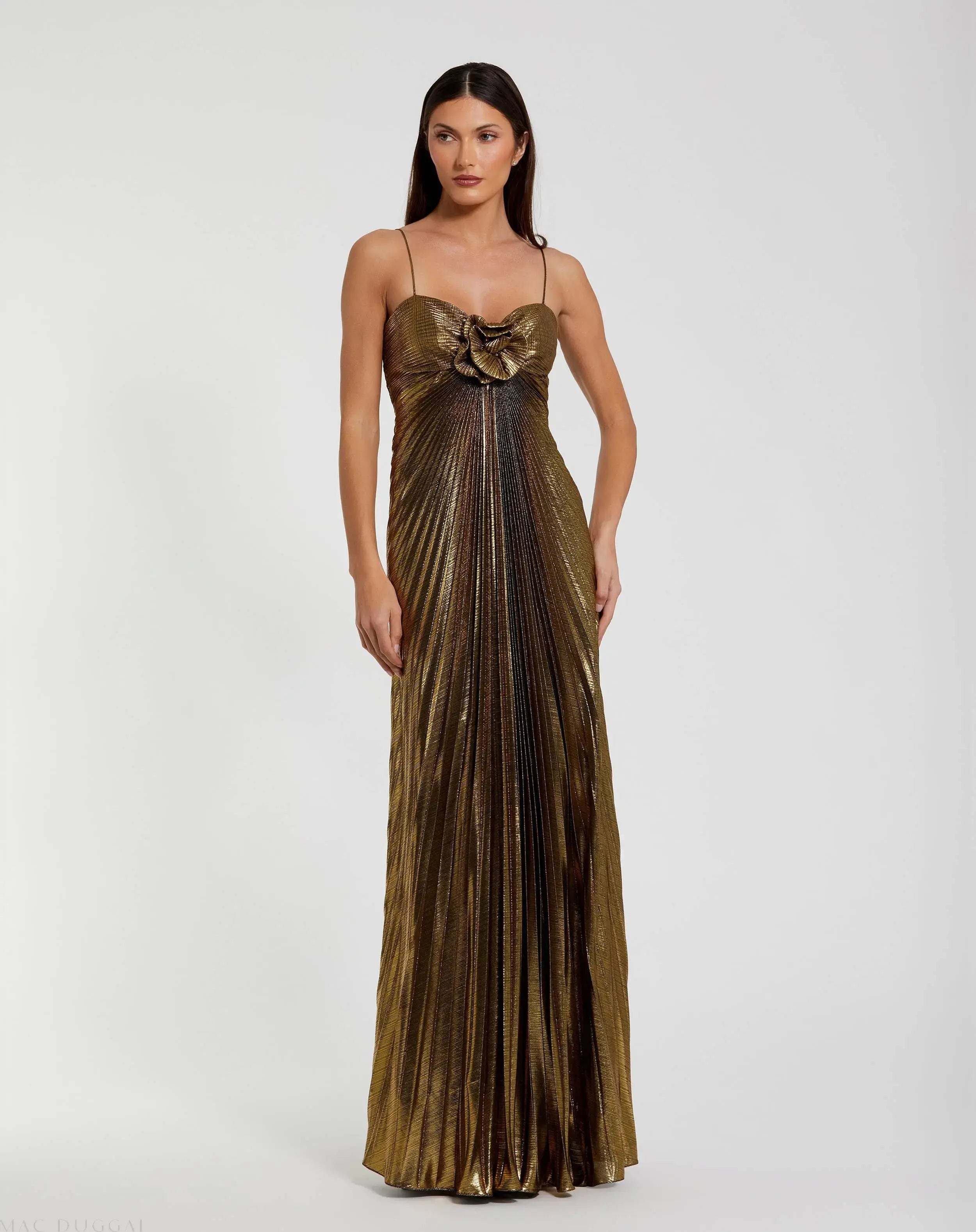 Gold Metallic Pleated Gown with 3D Flower-Myartka