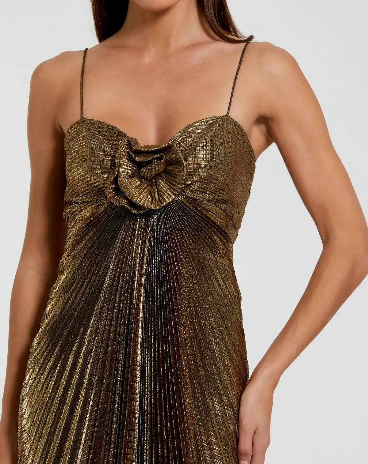Gold Metallic Pleated Gown with 3D Flower-Myartka
