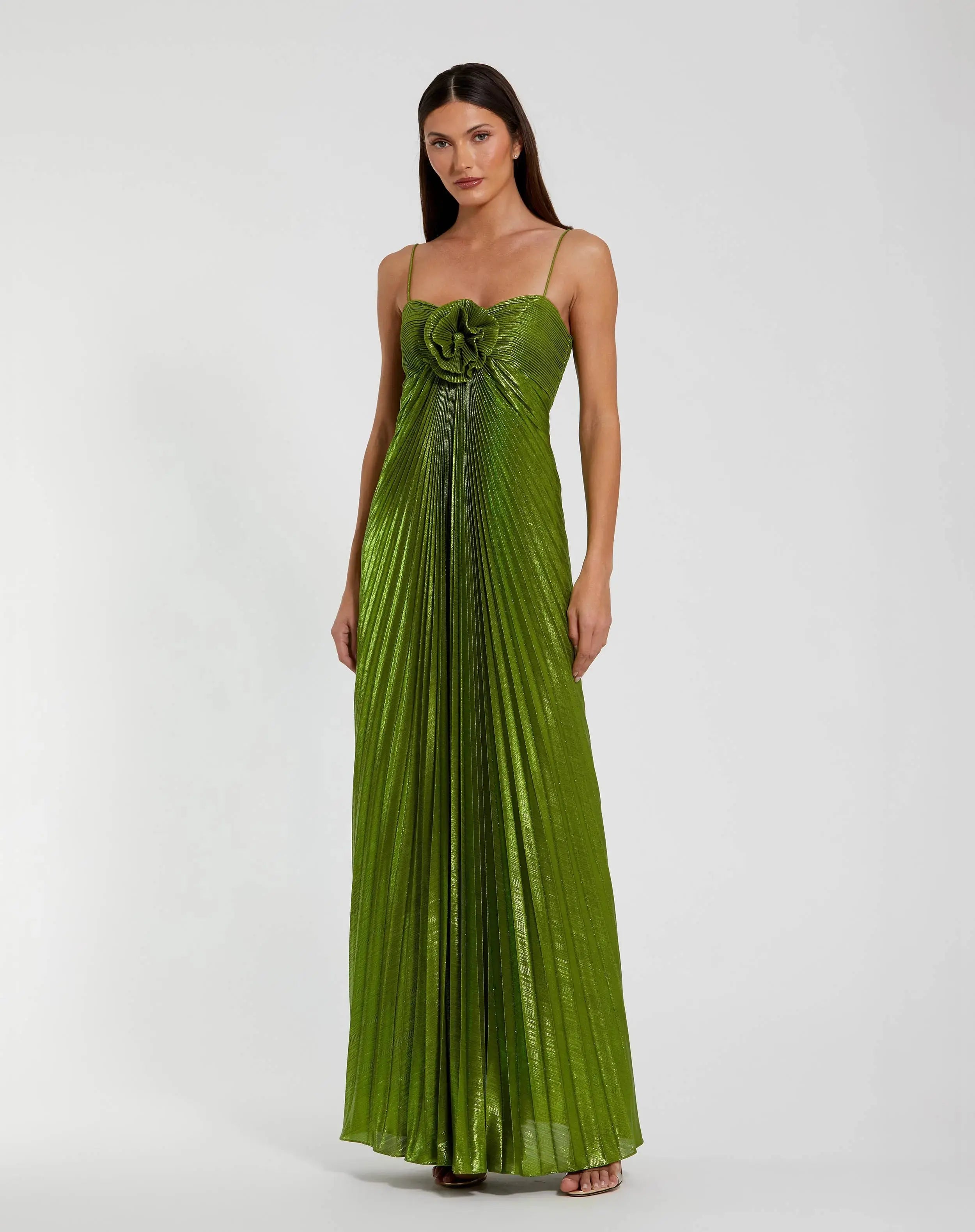 Green Metallic Pleated Gown with 3D Flower-Myartka