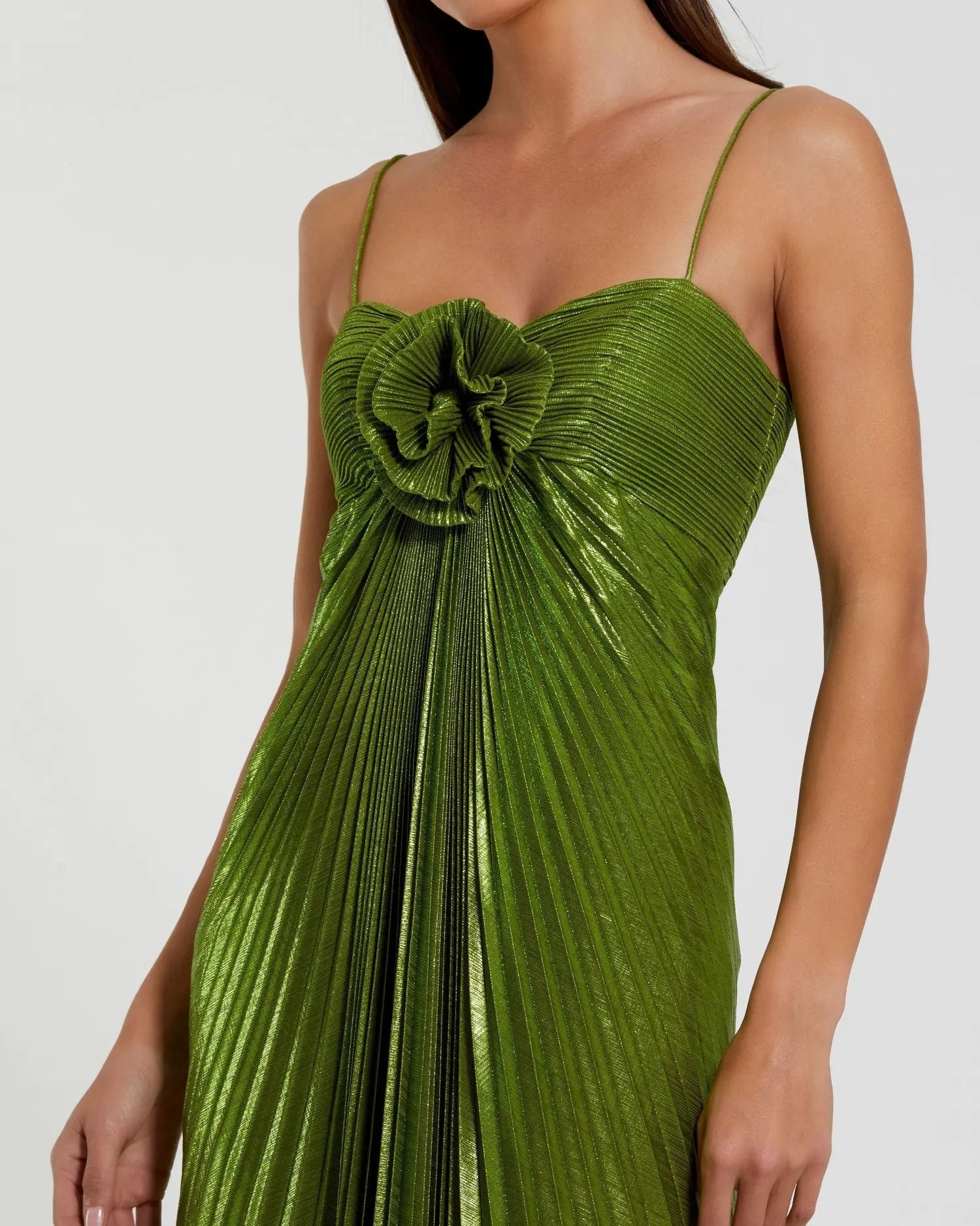 Green Metallic Pleated Gown with 3D Flower-Myartka