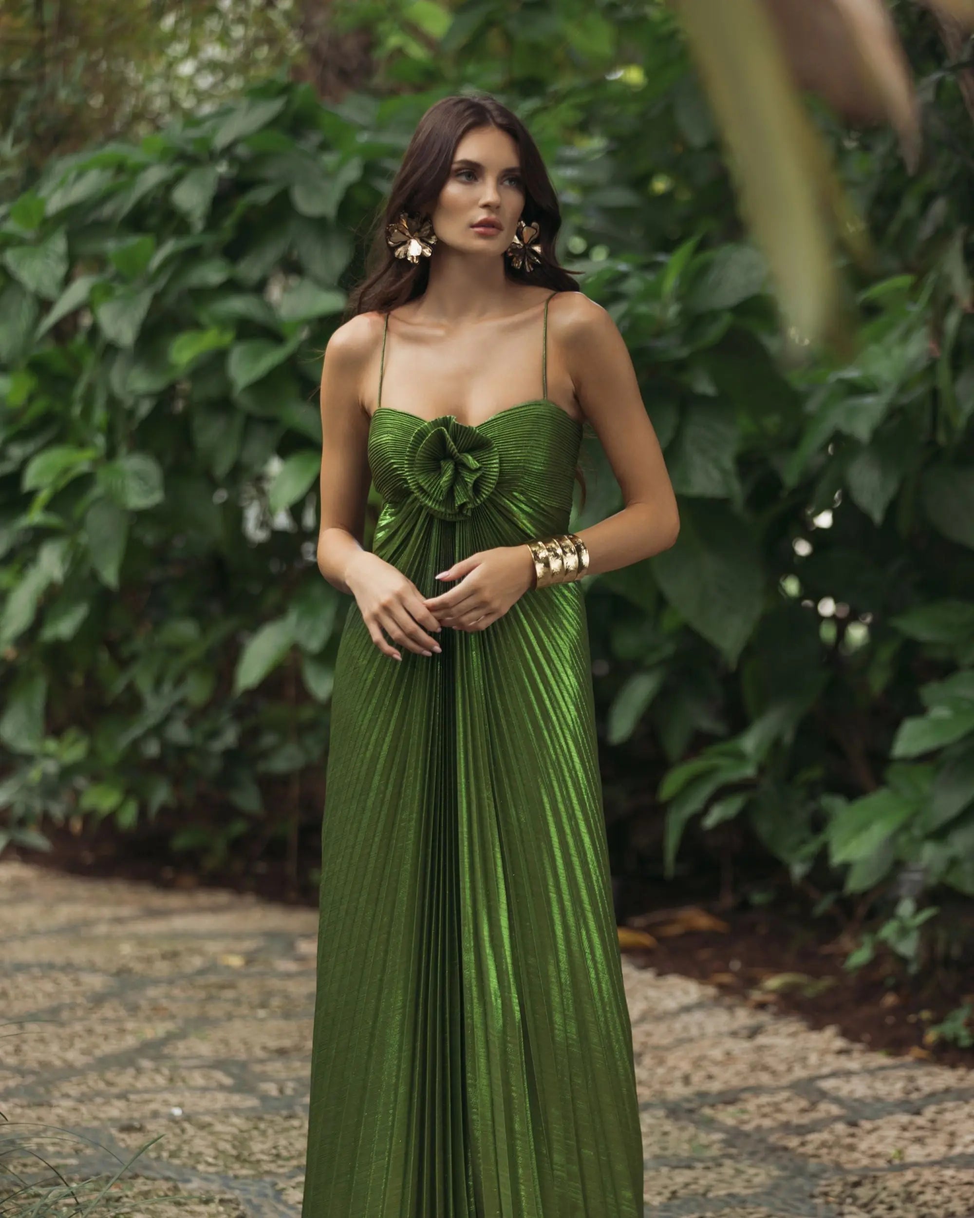 Green Metallic Pleated Gown with 3D Flower-Myartka