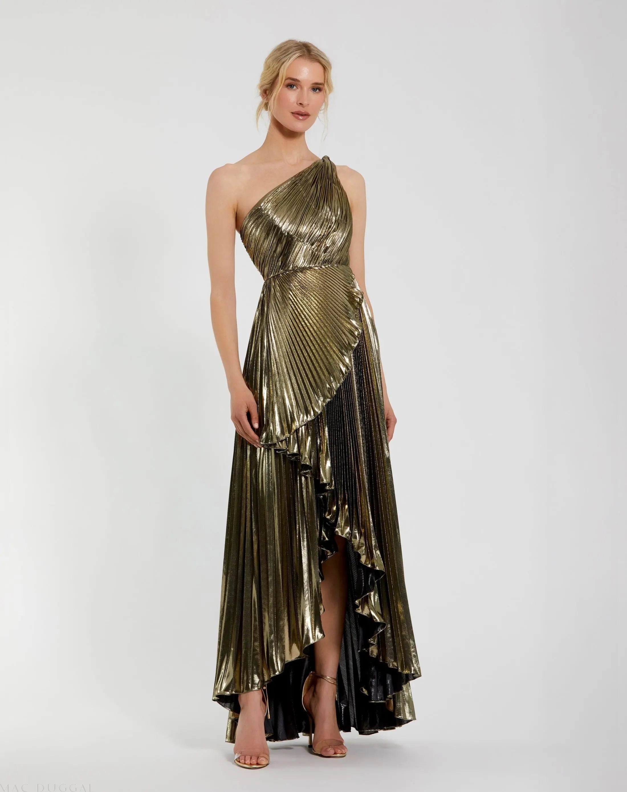 Gold Pleated Metallic One Shoulder High Low Gown-Myartka