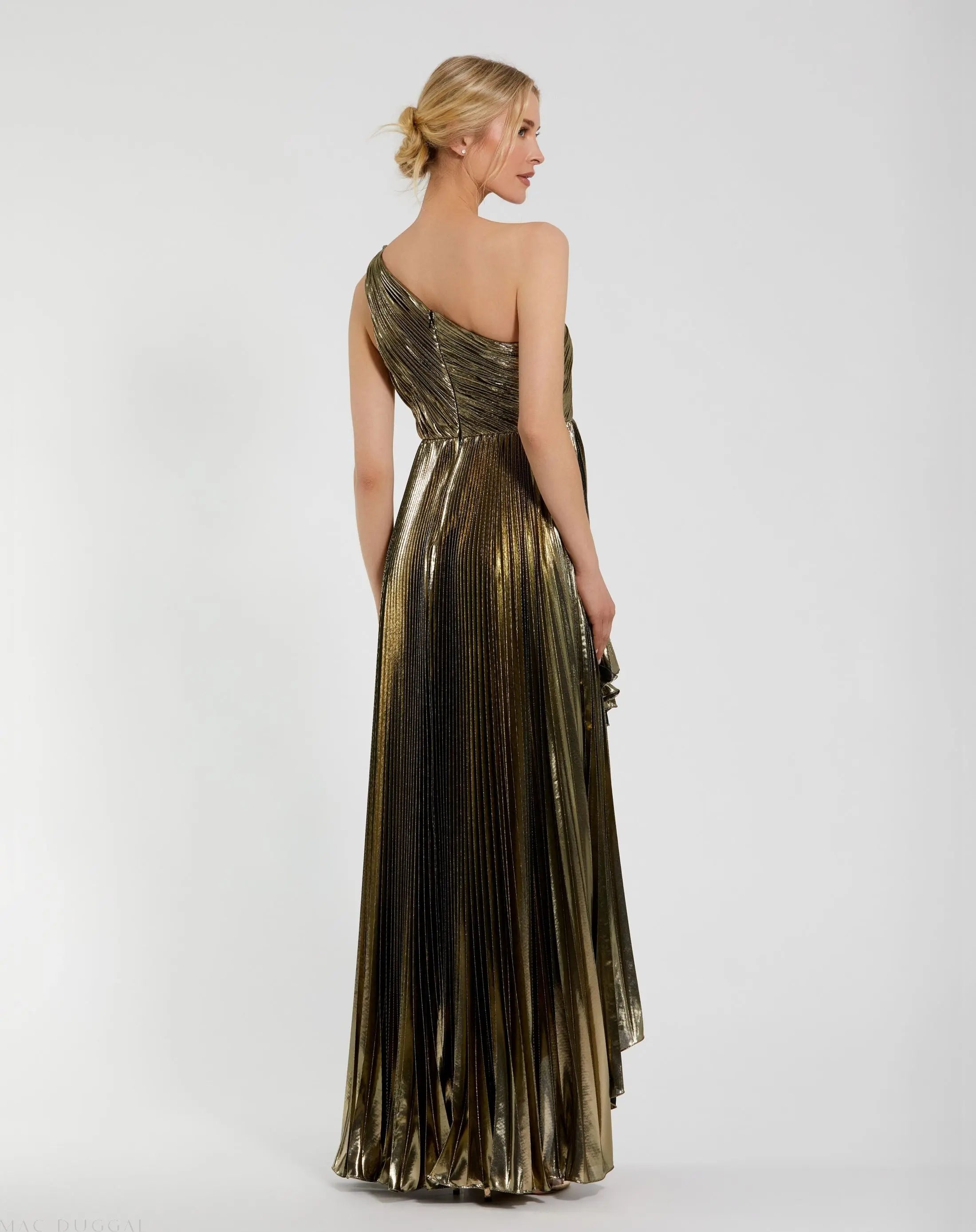 Gold Pleated Metallic One Shoulder High Low Gown-Myartka