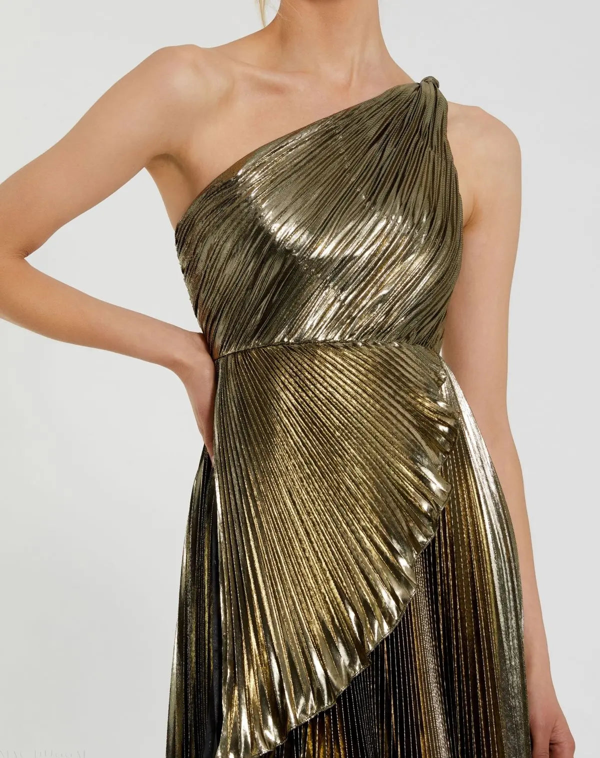 Gold Pleated Metallic One Shoulder High Low Gown-Myartka