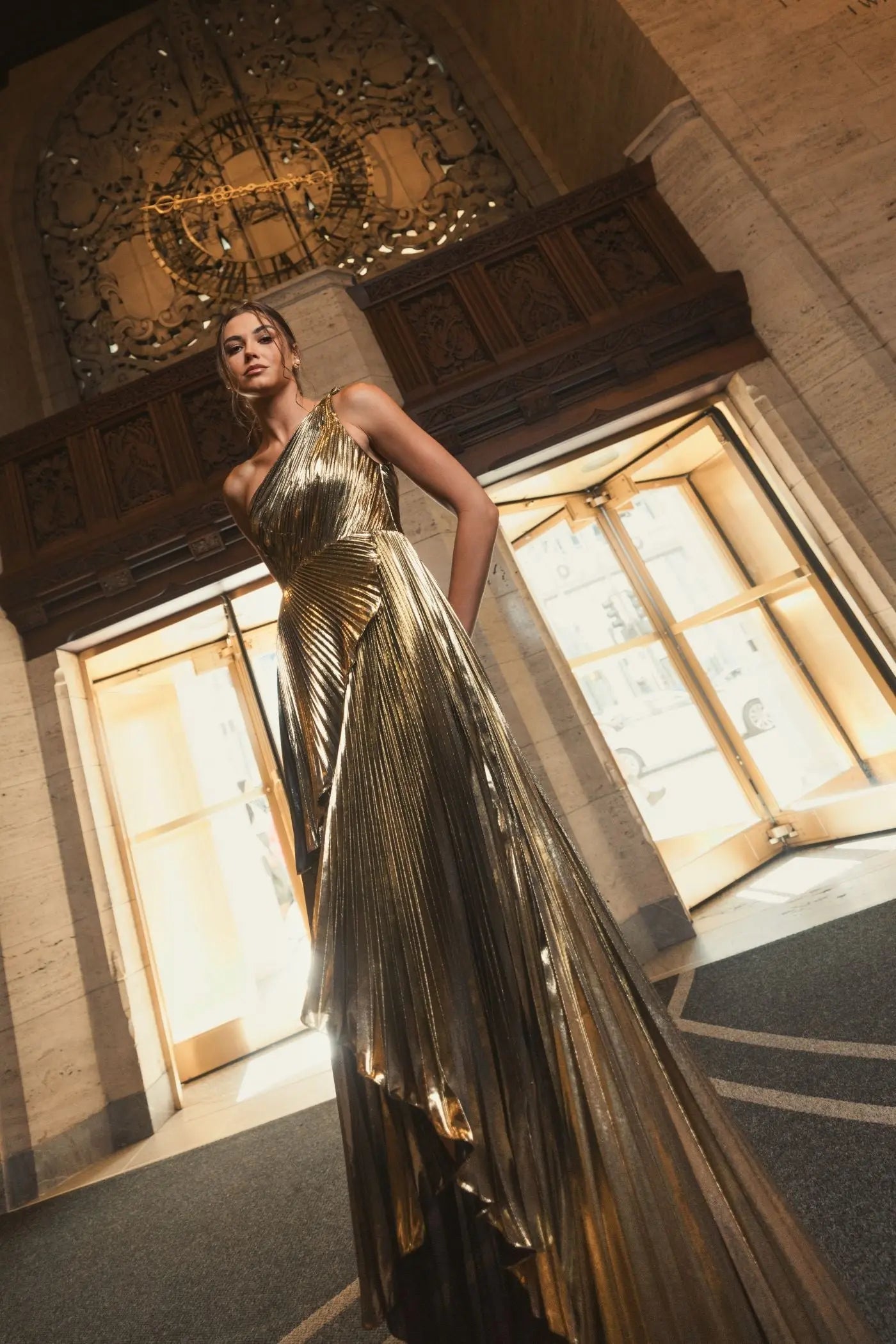 Gold Pleated Metallic One Shoulder High Low Gown-Myartka