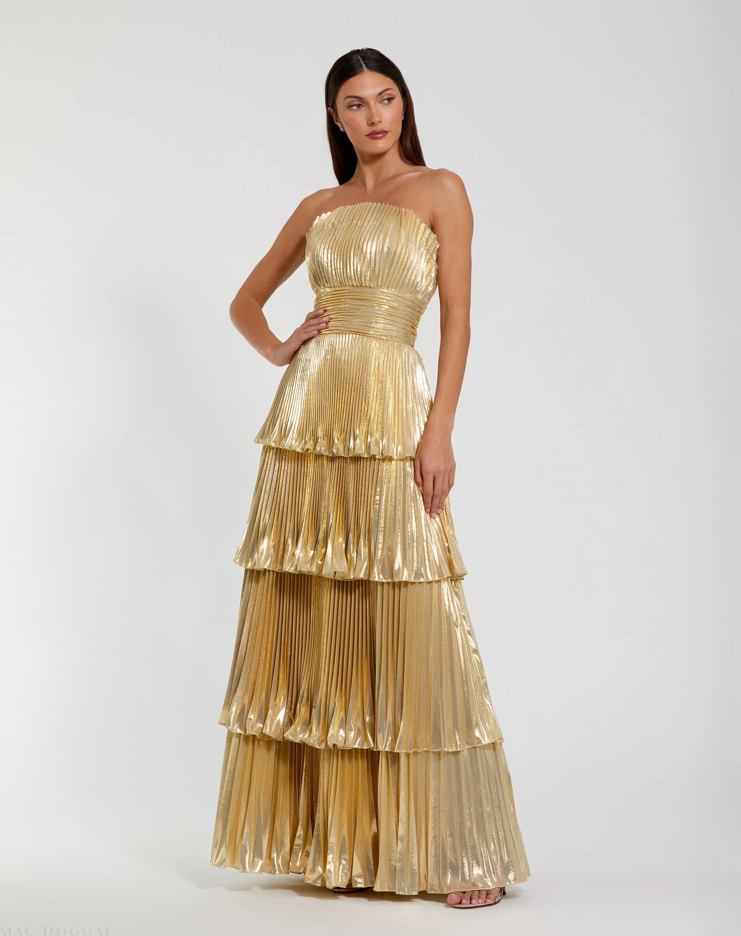 Gold Strapless Pleated Metallic Layered Ruffle Gown-Myartka