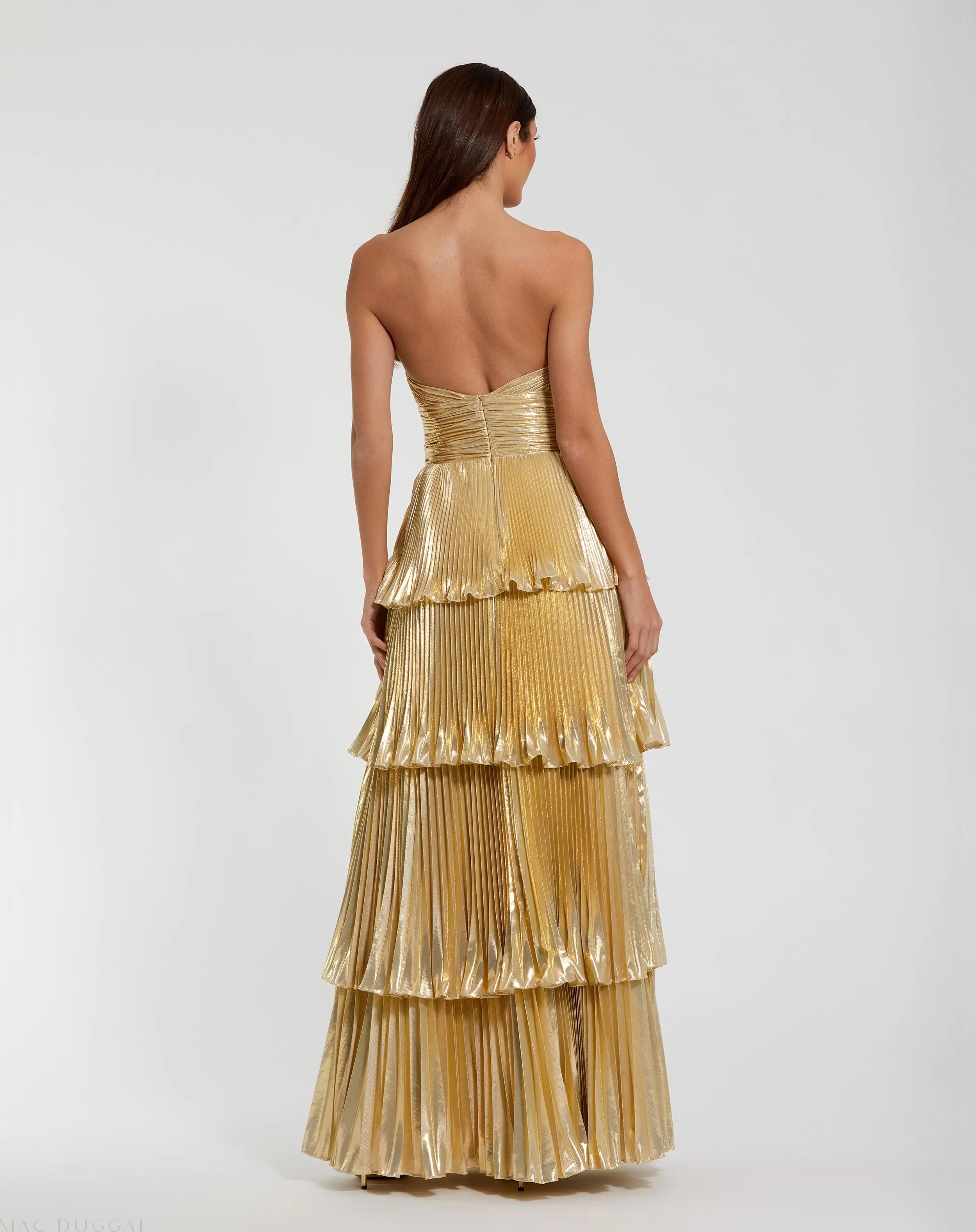 Gold Strapless Pleated Metallic Layered Ruffle Gown-Myartka