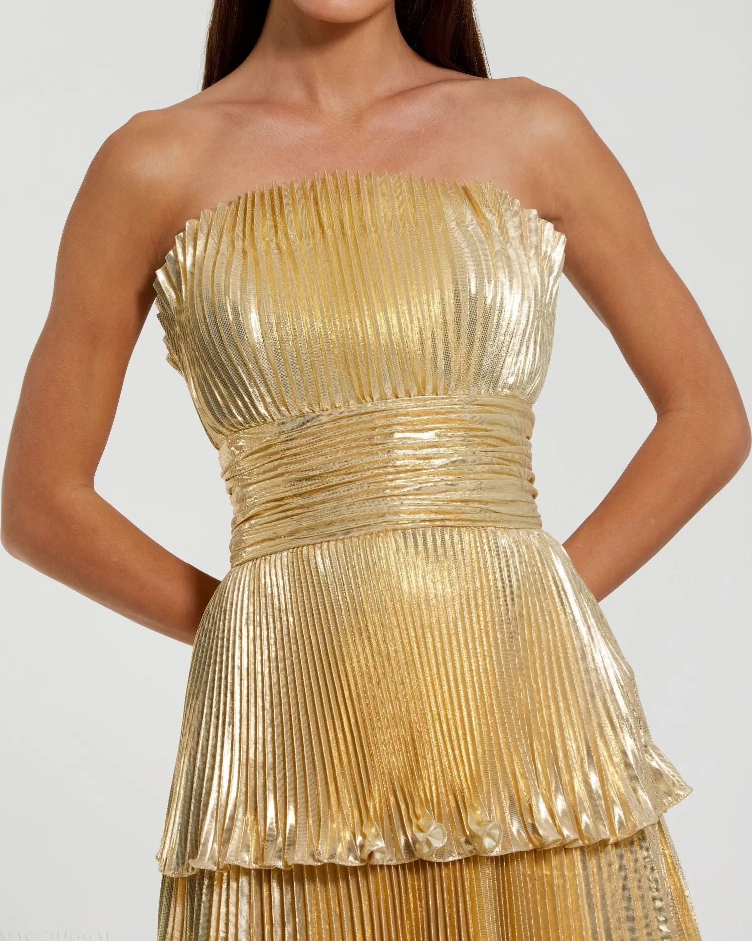 Gold Strapless Pleated Metallic Layered Ruffle Gown-Myartka