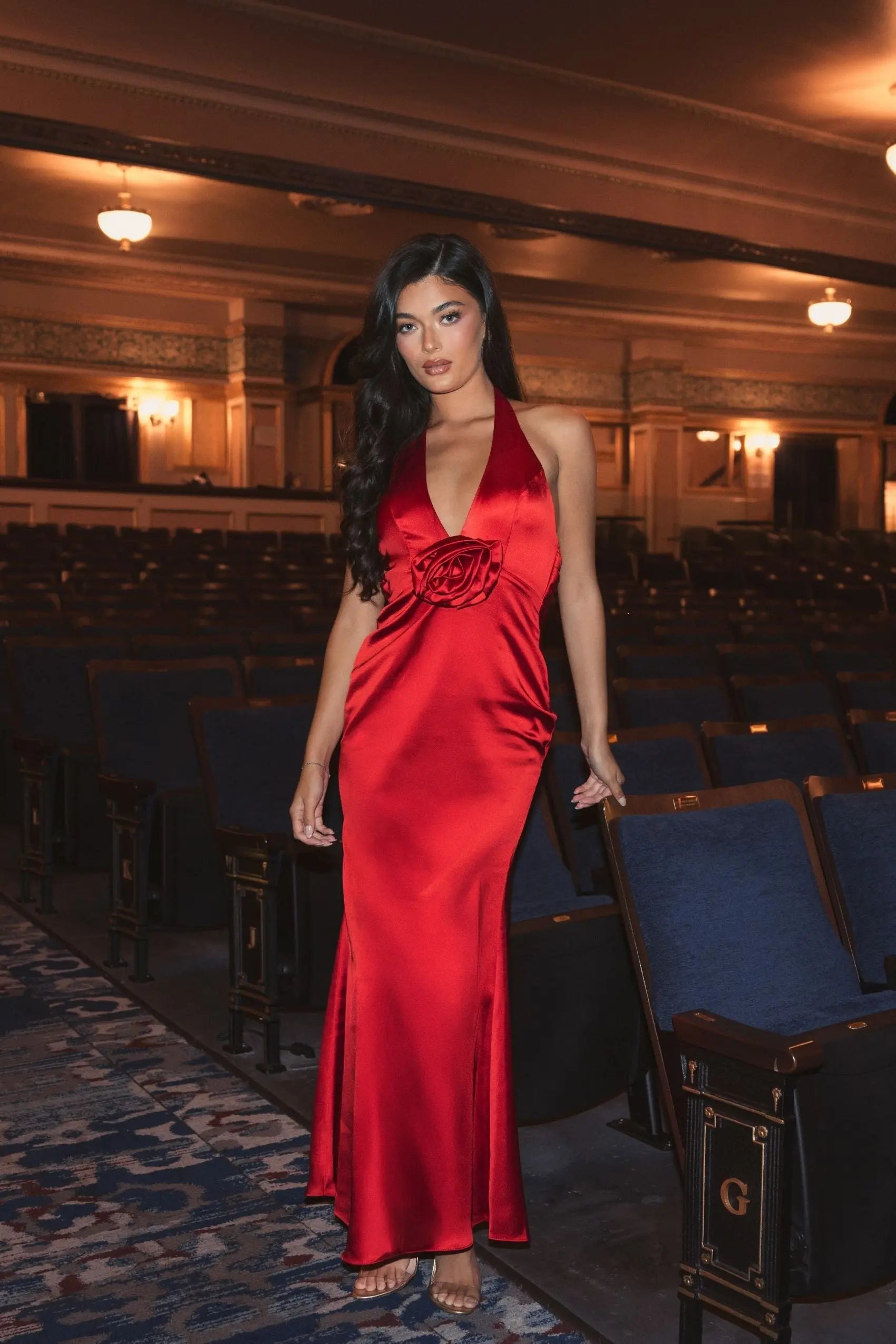 Red Fitted Satin Sleeveless Halter Gown With 3D Flower-Myartka