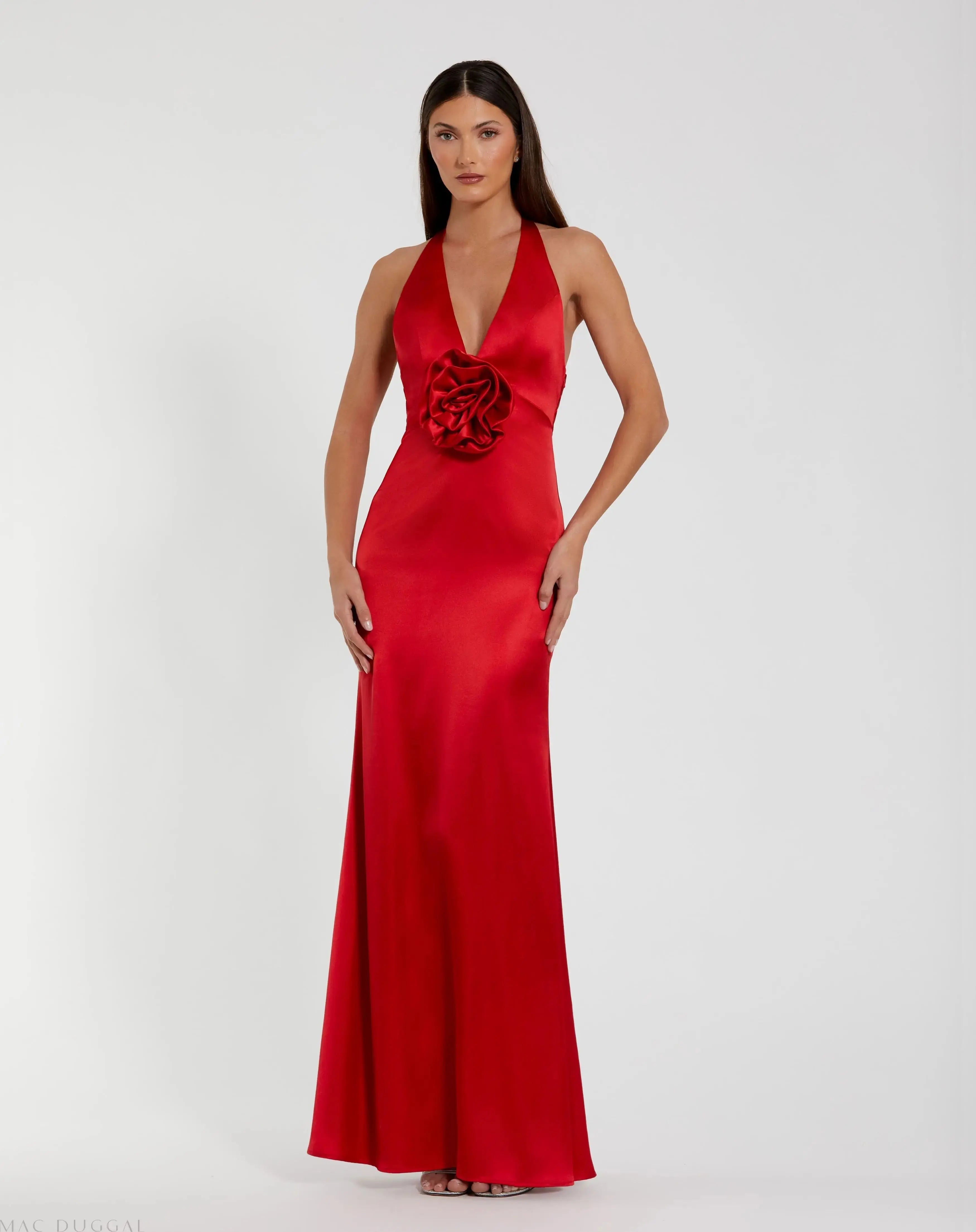 Fitted Satin Sleeveless Halter Gown With 3D Flower-Myartka