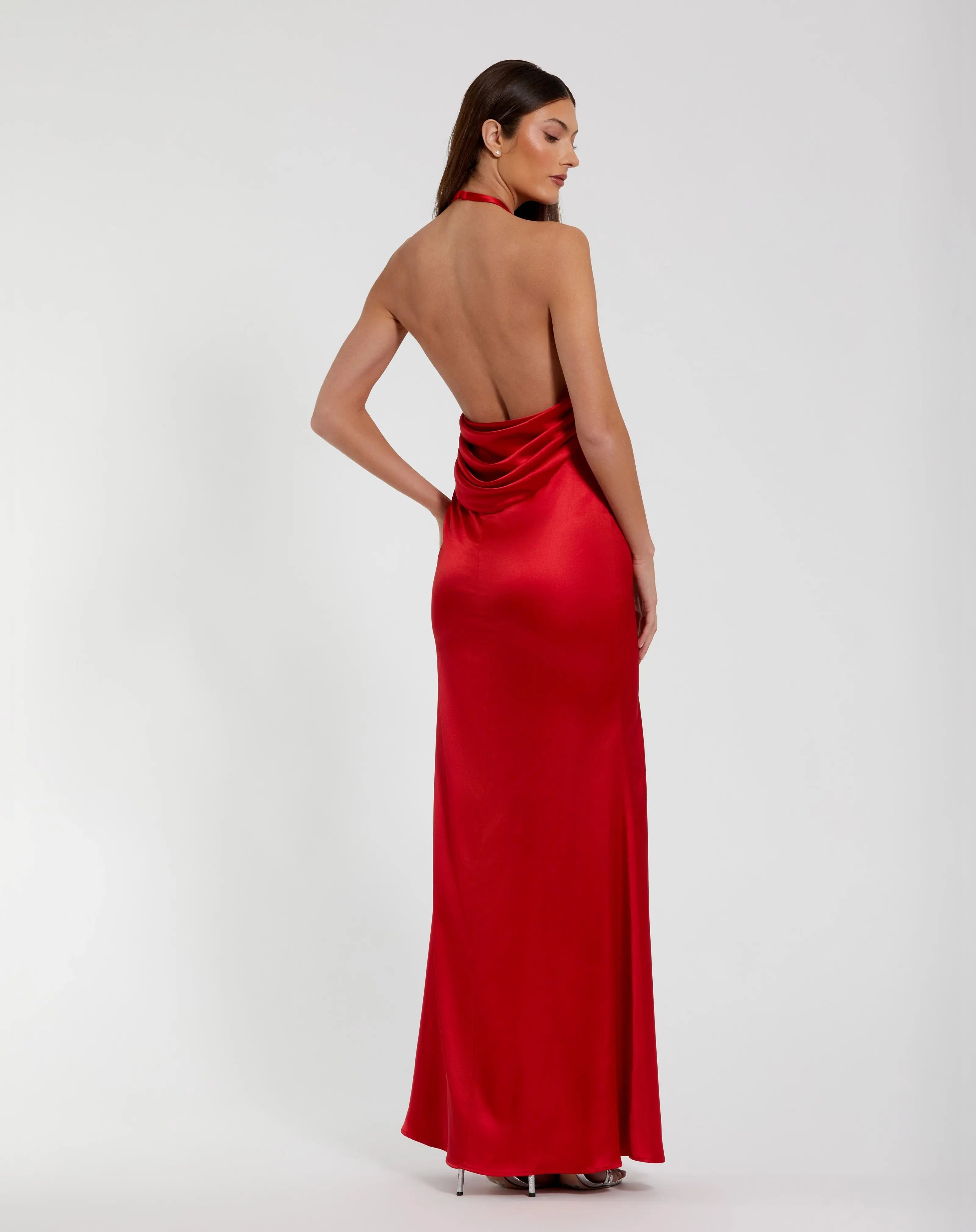 Red Fitted Satin Sleeveless Halter Gown With 3D Flower-Myartka