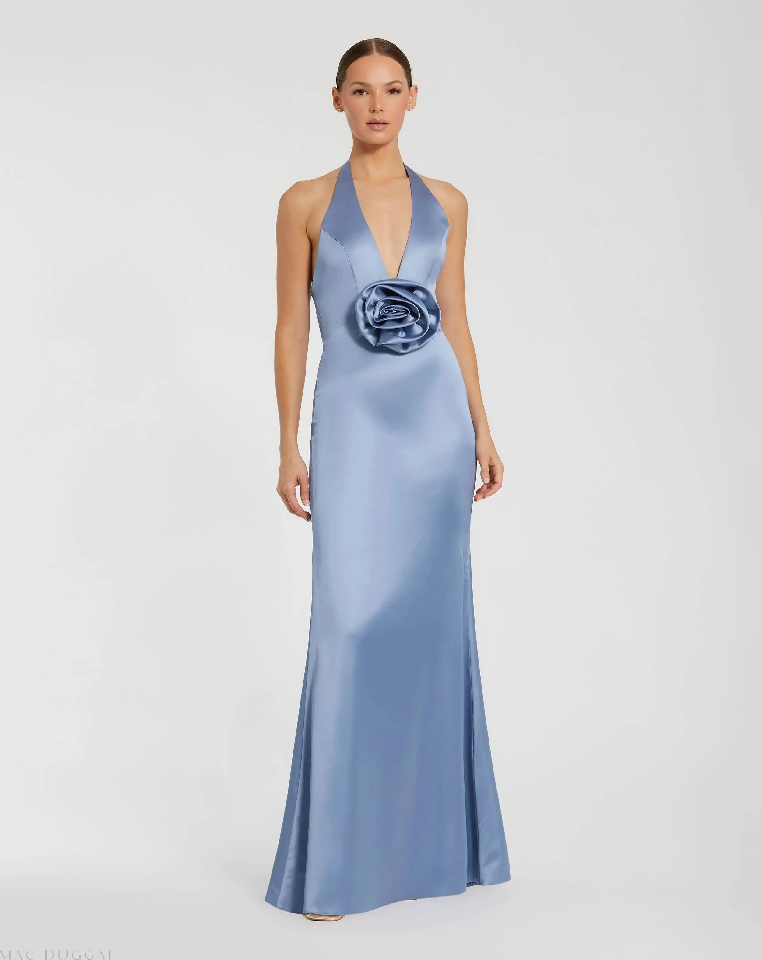 Blue Satin Halter Slip Dress with Rosette Detail-Myartka