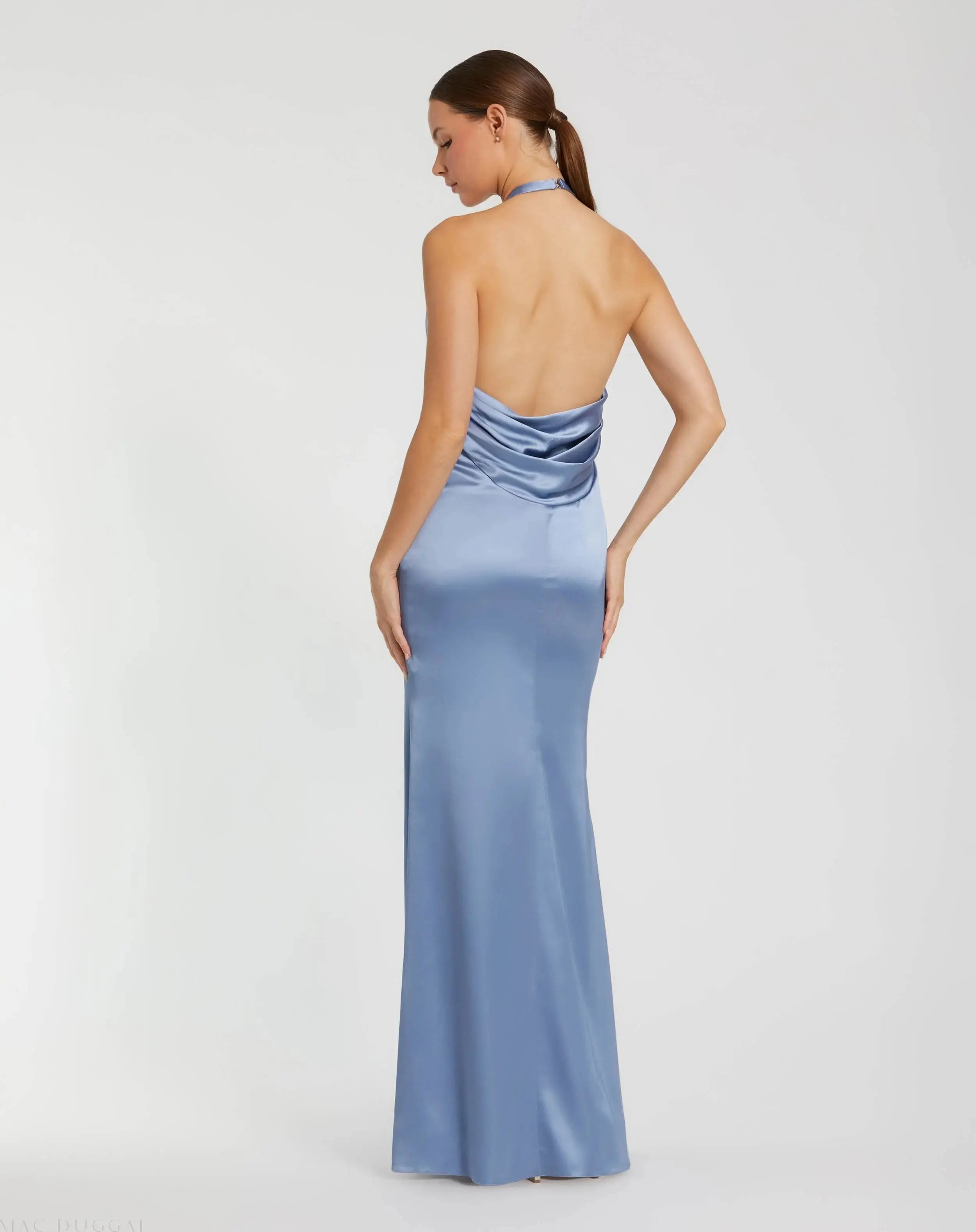 Blue Satin Halter Slip Dress with Rosette Detail-Myartka