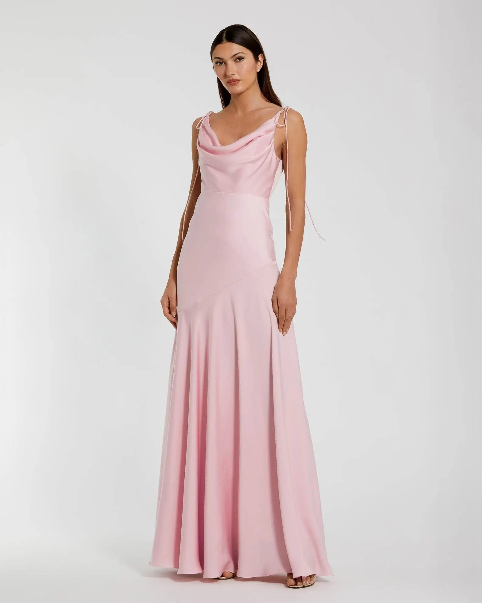 Pink Charmeuse Cowl Neck Gown with Bow Straps-Myartka