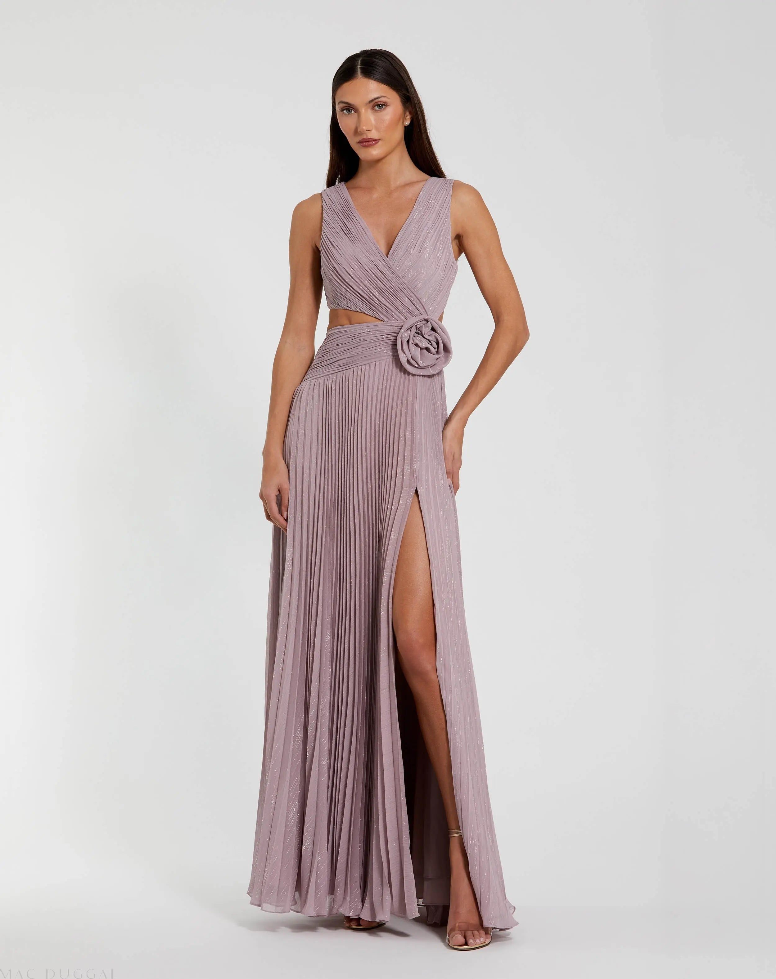 Purple Ruched Chiffon Sleeveless Gown With 3D Flower-Myartka