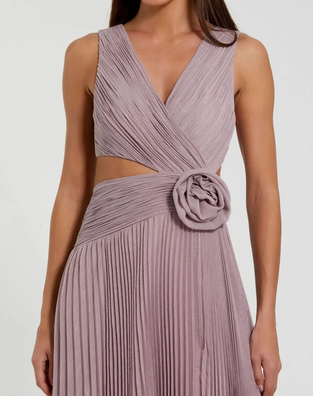 Purple Ruched Chiffon Sleeveless Gown With 3D Flower-Myartka