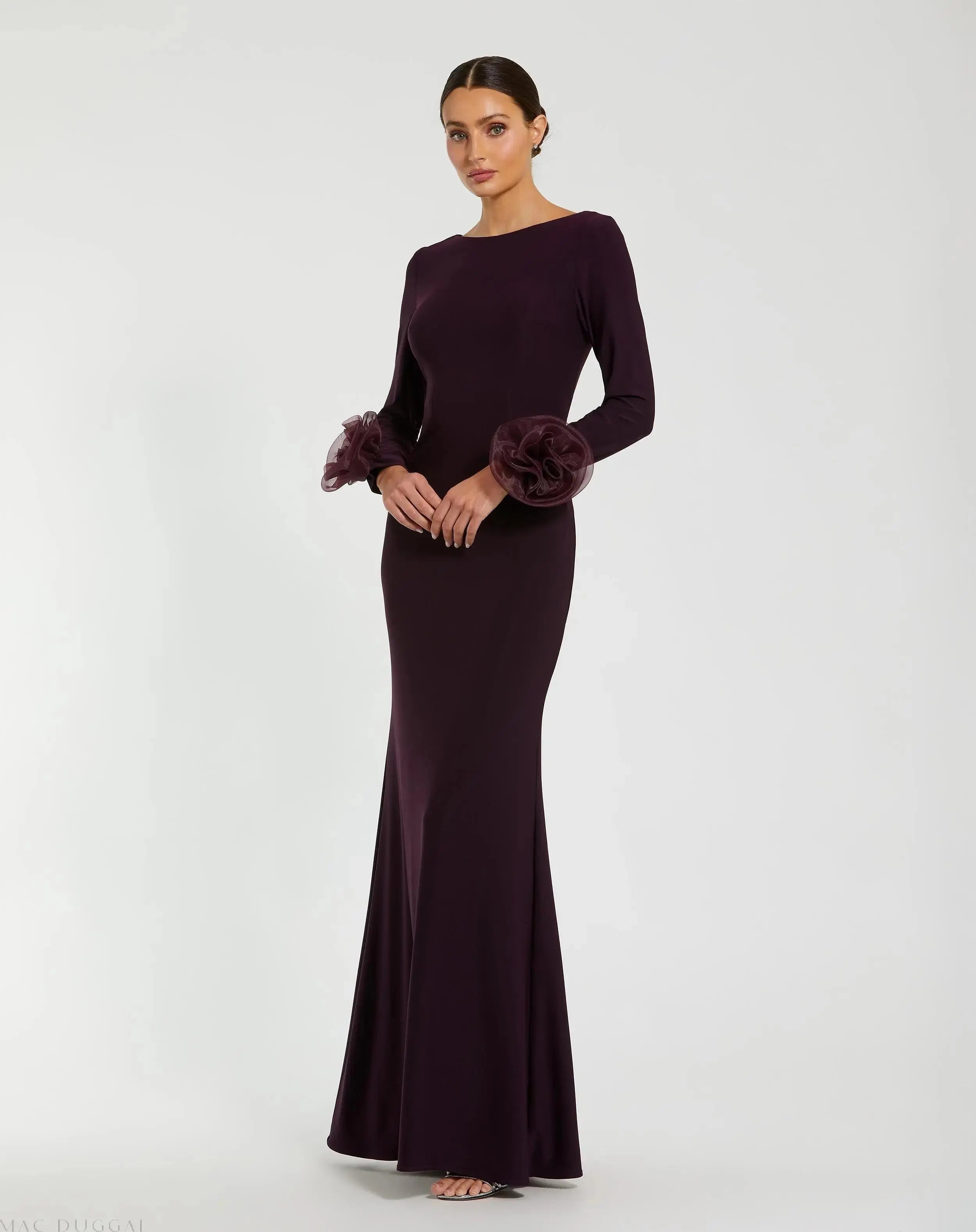 Purple Long Sleeve Fitted Jersey Gown With 3D Flowers-Myartka