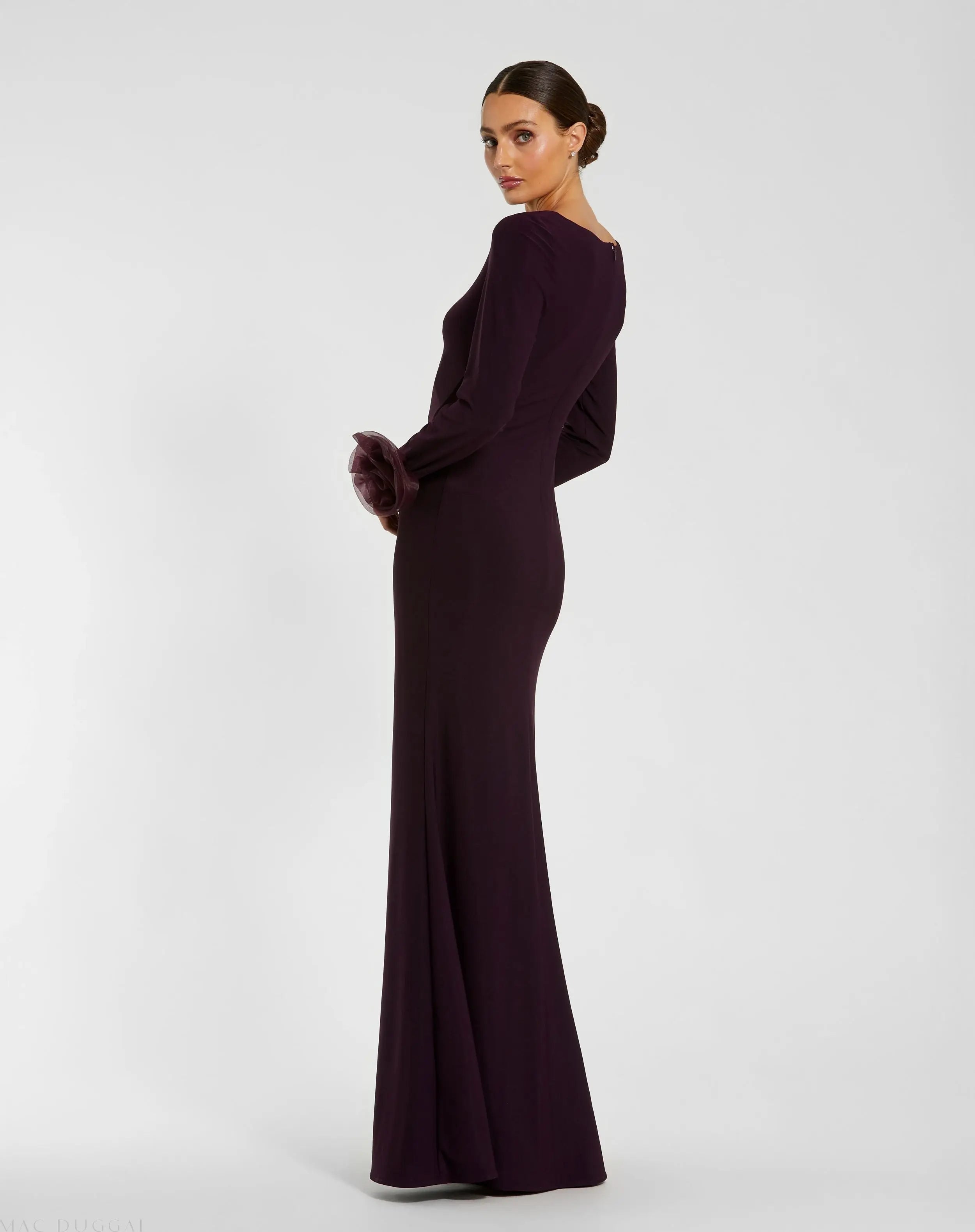 Purple Long Sleeve Fitted Jersey Gown With 3D Flowers-Myartka
