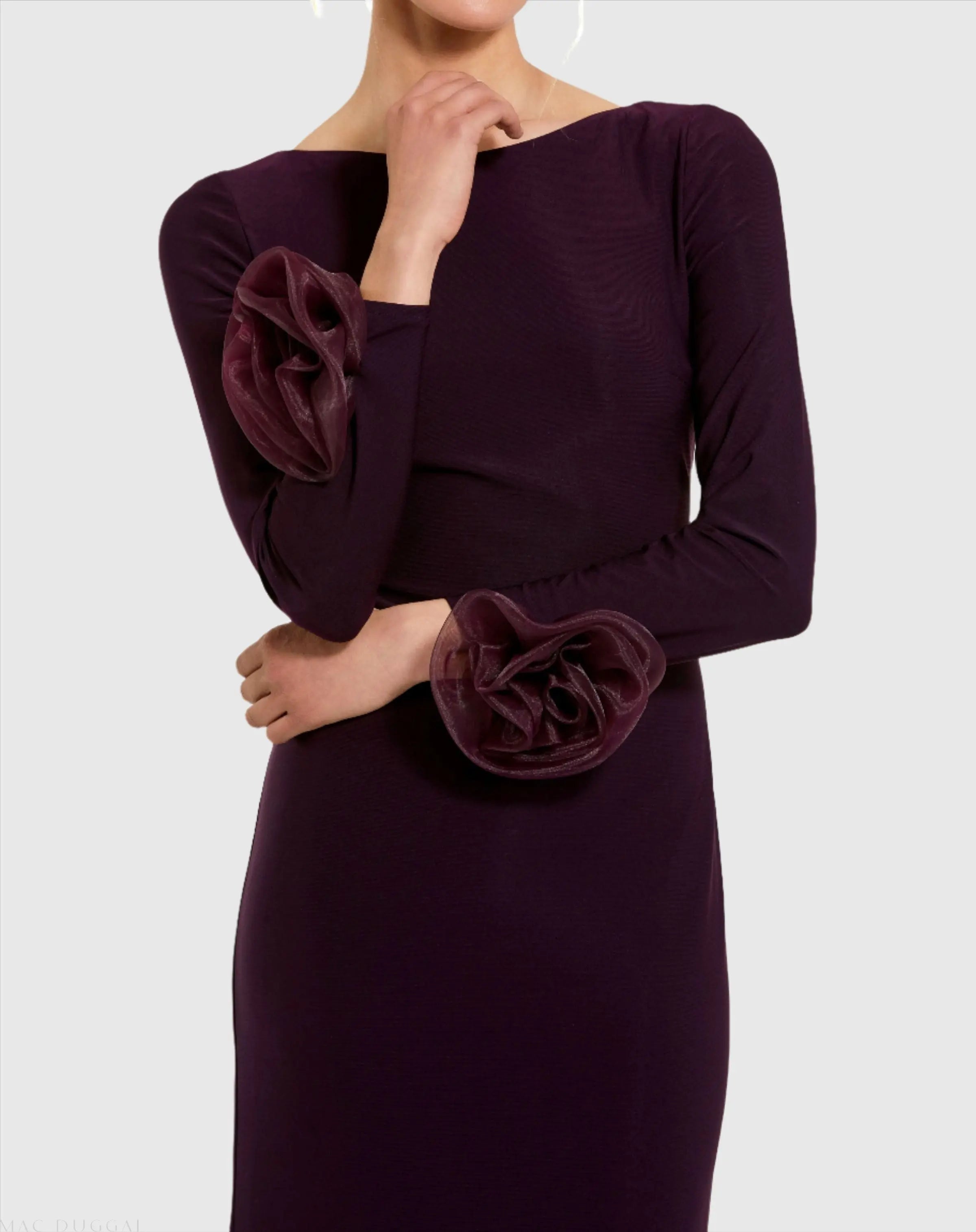Purple Long Sleeve Fitted Jersey Gown With 3D Flowers-Myartka