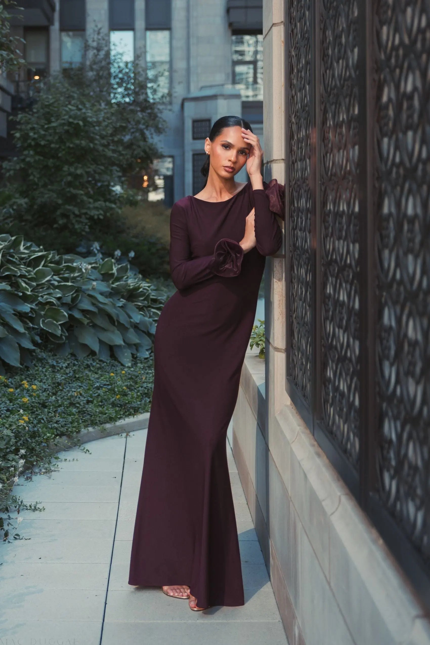 Purple Long Sleeve Fitted Jersey Gown With 3D Flowers-Myartka
