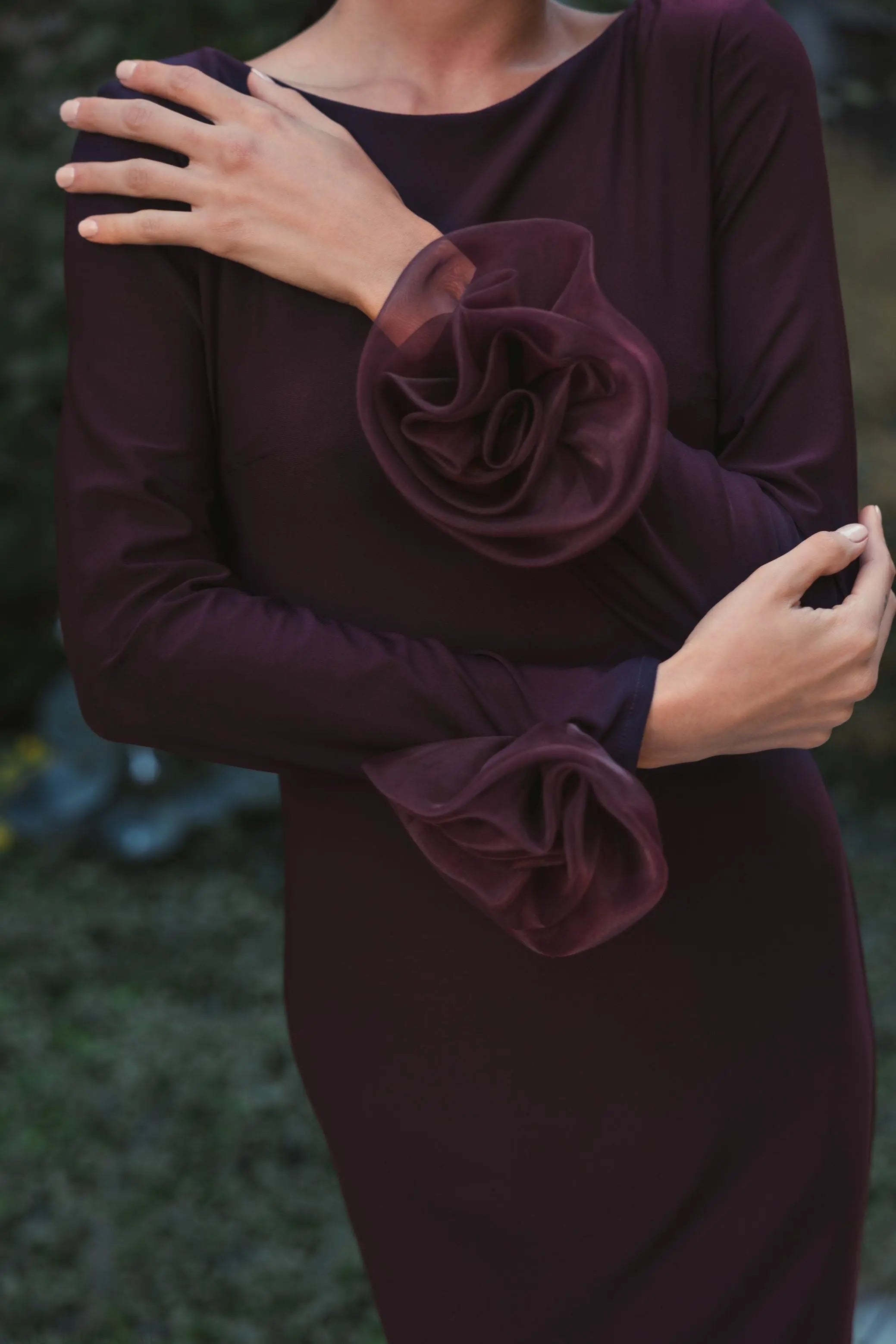 Purple Long Sleeve Fitted Jersey Gown With 3D Flowers-Myartka