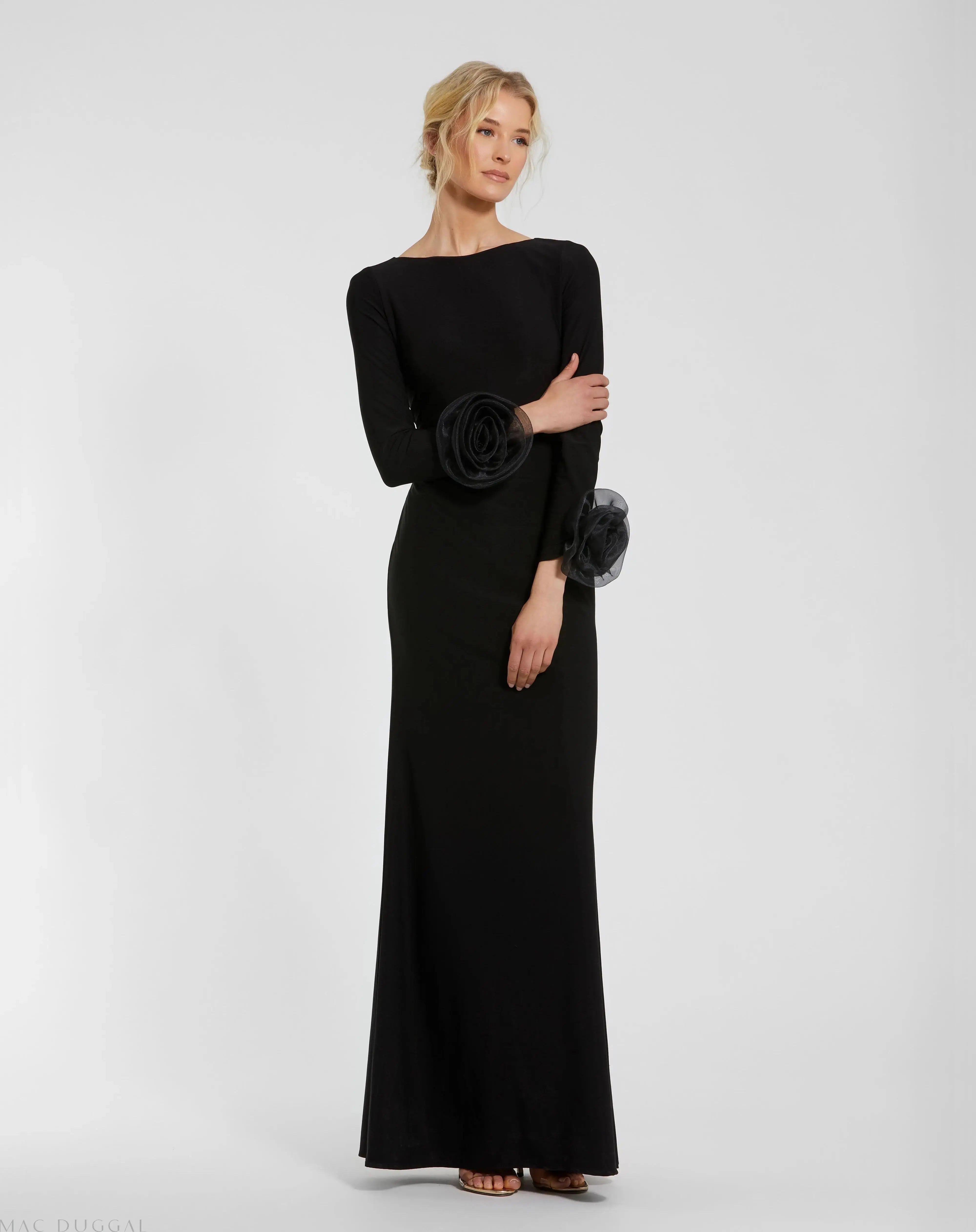 Black Long Sleeve Fitted Jersey Gown With 3D Flowers-Myartka
