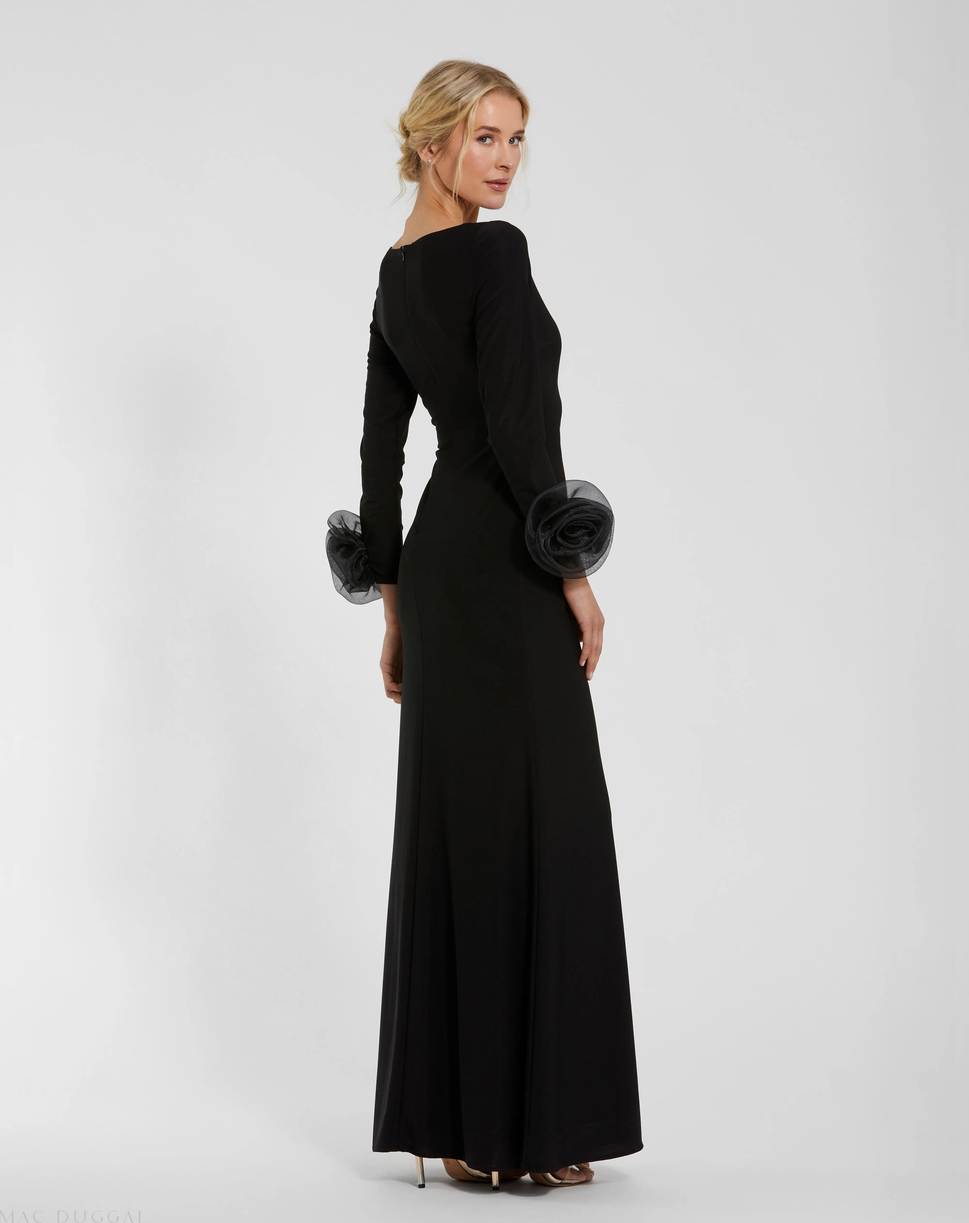 Black Long Sleeve Fitted Jersey Gown With 3D Flowers-Myartka