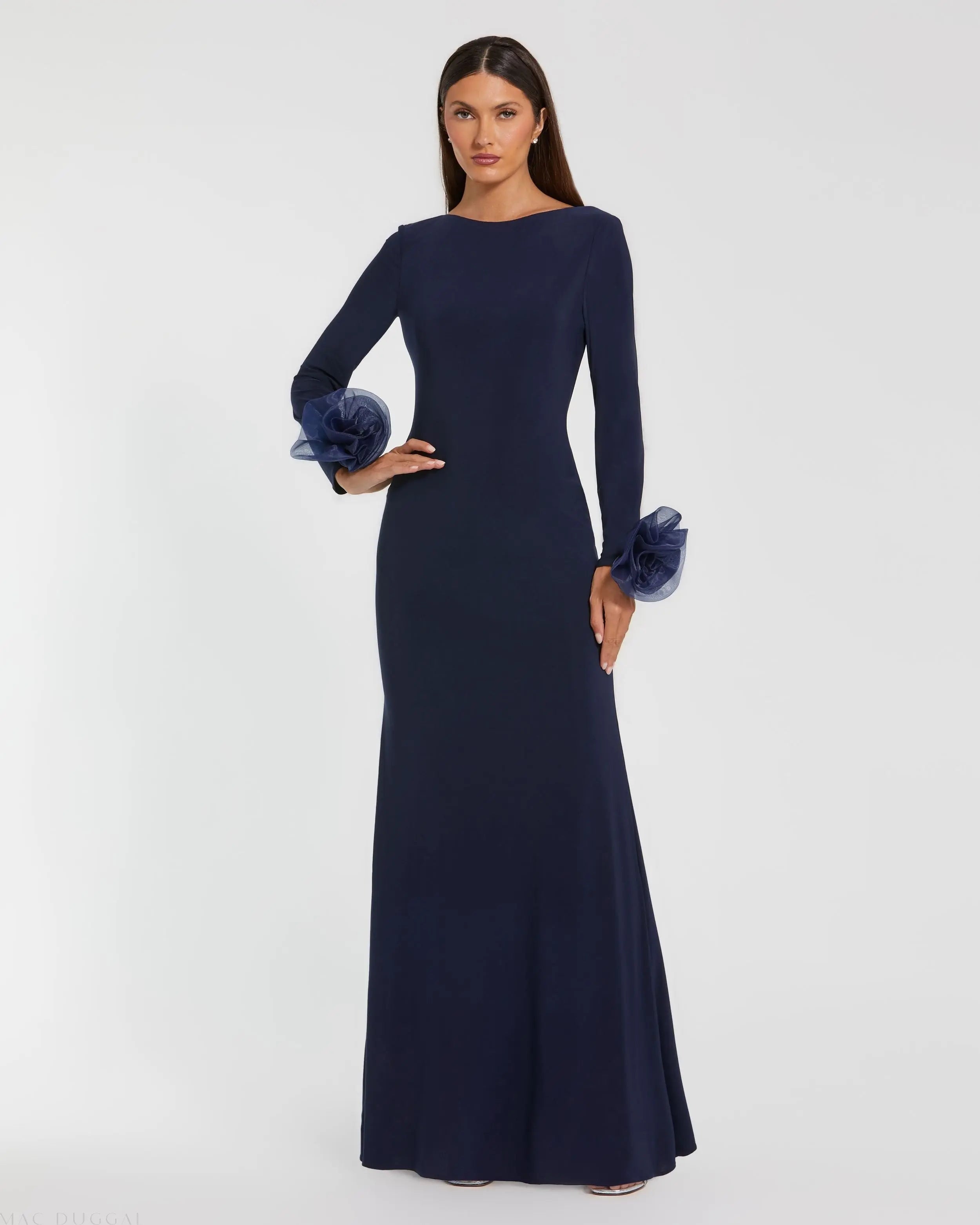Navy Long Sleeve Fitted Jersey Gown With 3D Flowers-Myartka