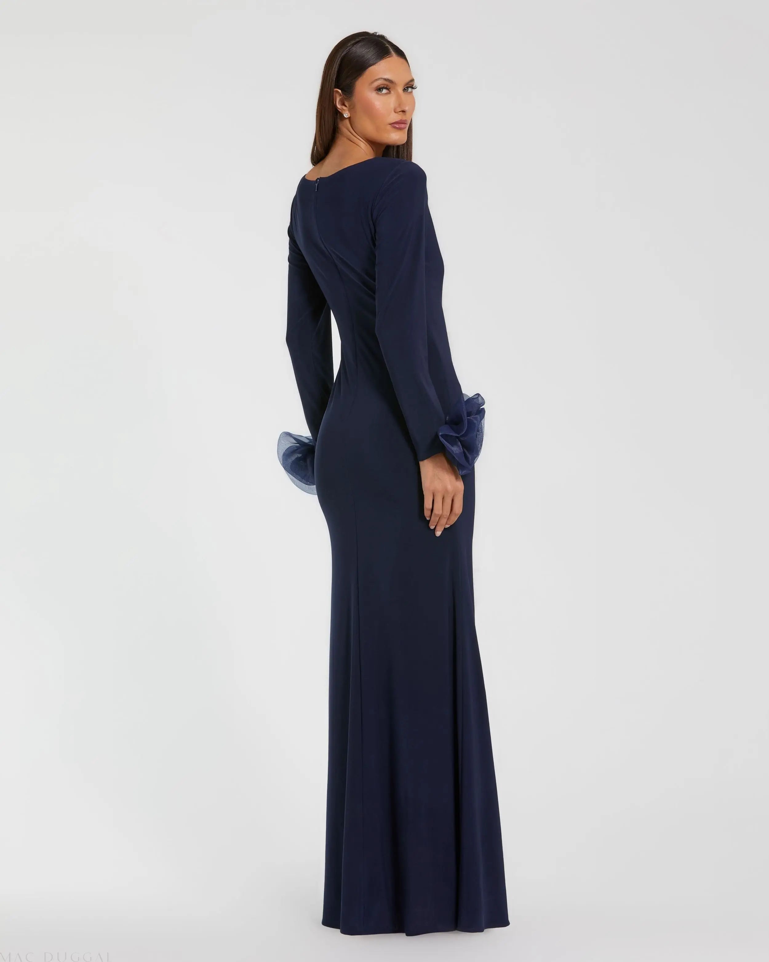 Navy Long Sleeve Fitted Jersey Gown With 3D Flowers-Myartka