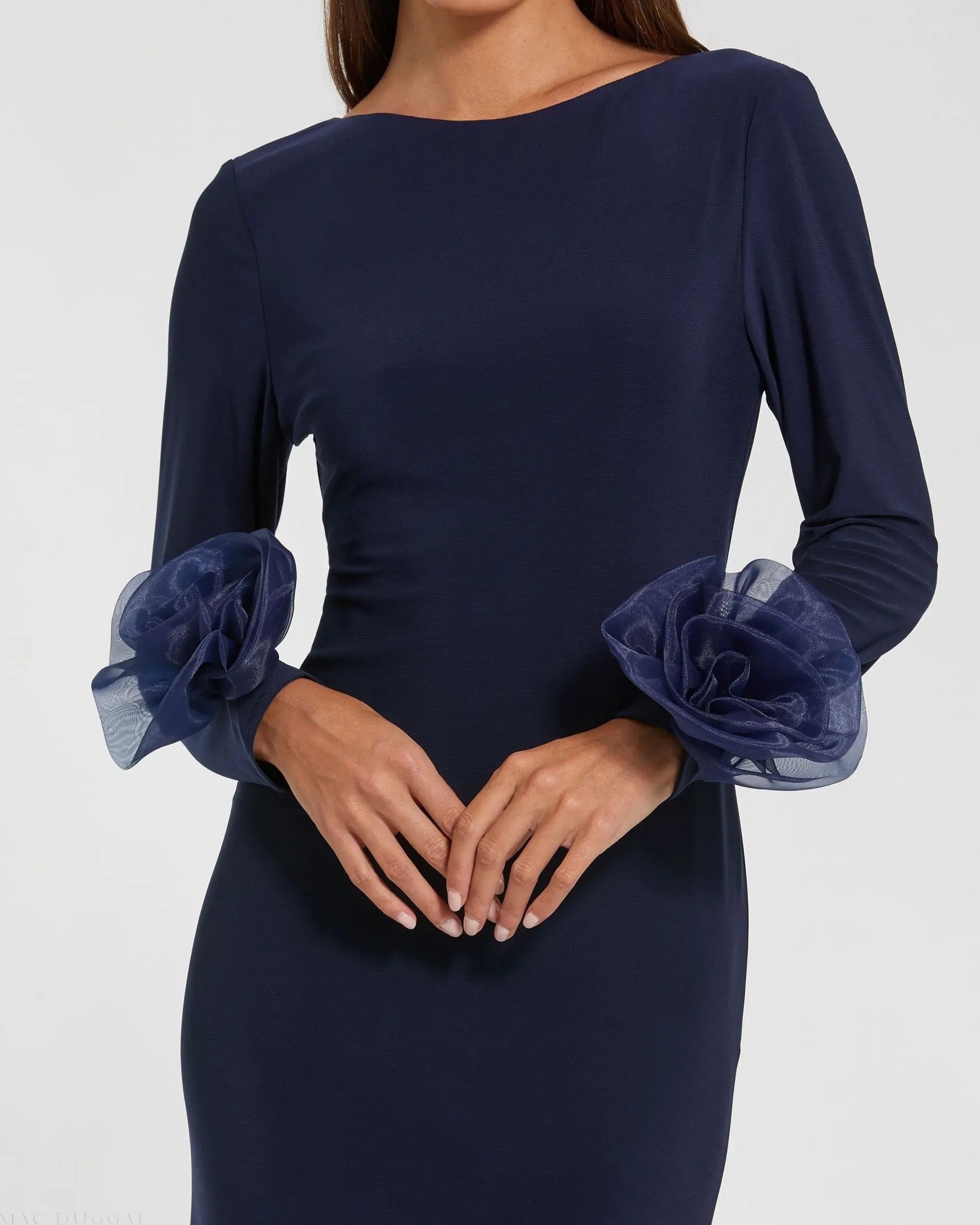 Navy Long Sleeve Fitted Jersey Gown With 3D Flowers-Myartka