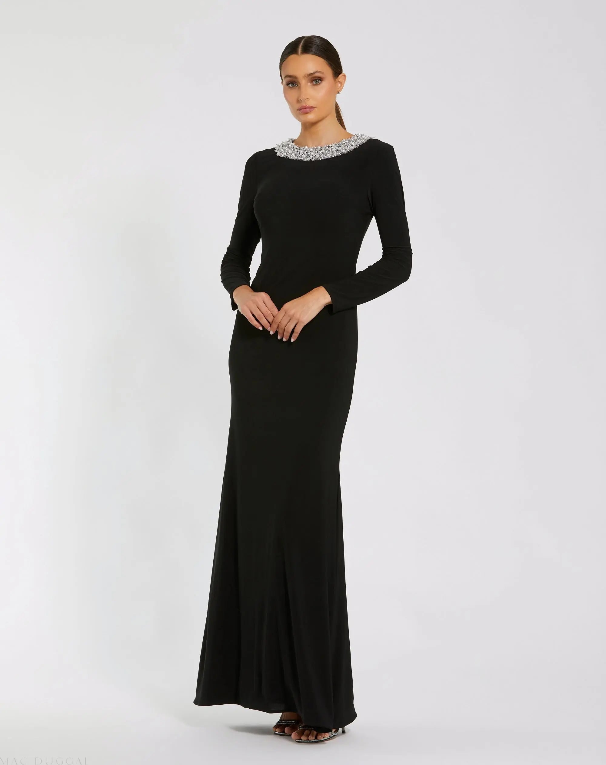 Black Jersey Long Sleeve Fitted Gown With Beaded Neck-Myartka