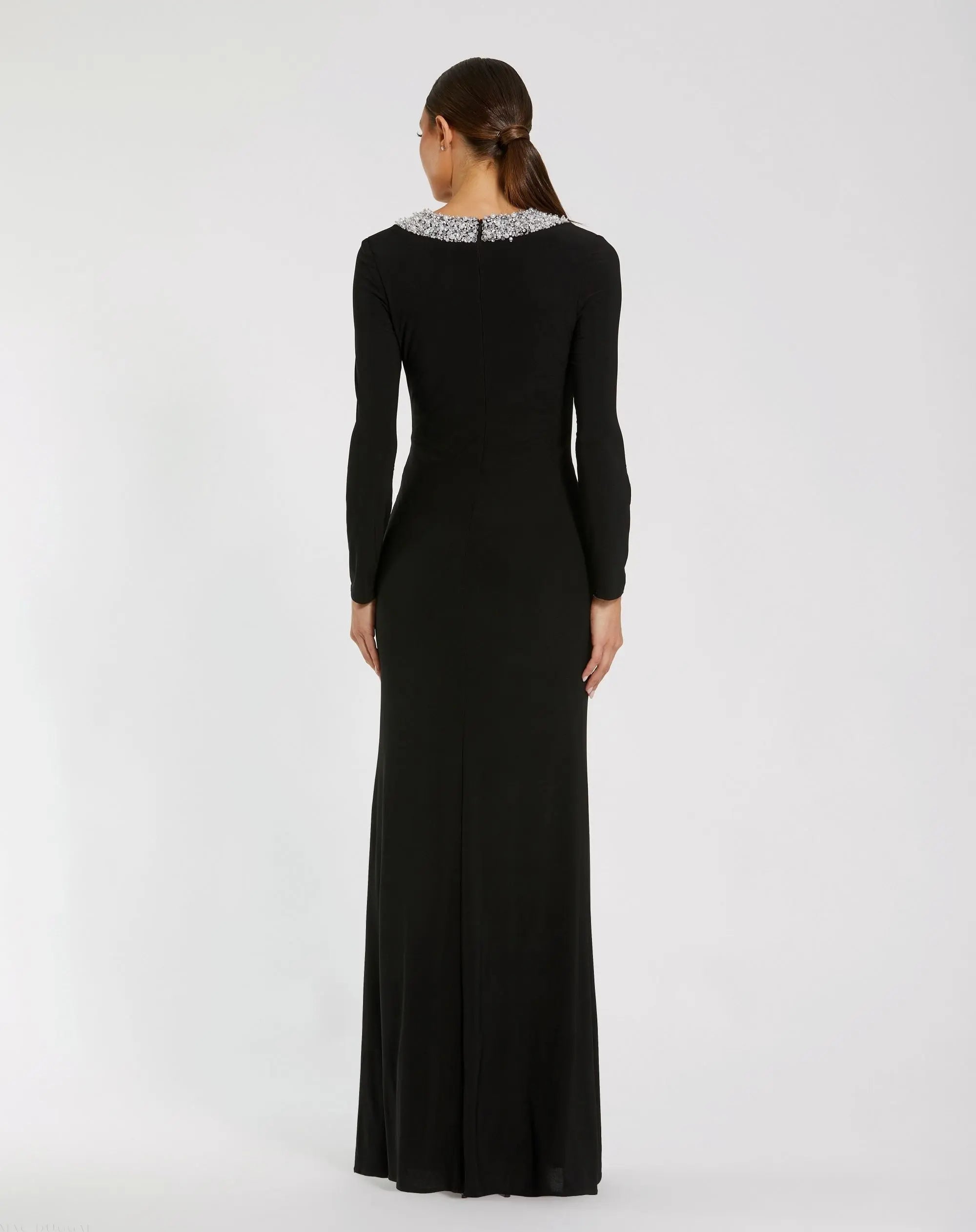 Black Jersey Long Sleeve Fitted Gown With Beaded Neck-Myartka