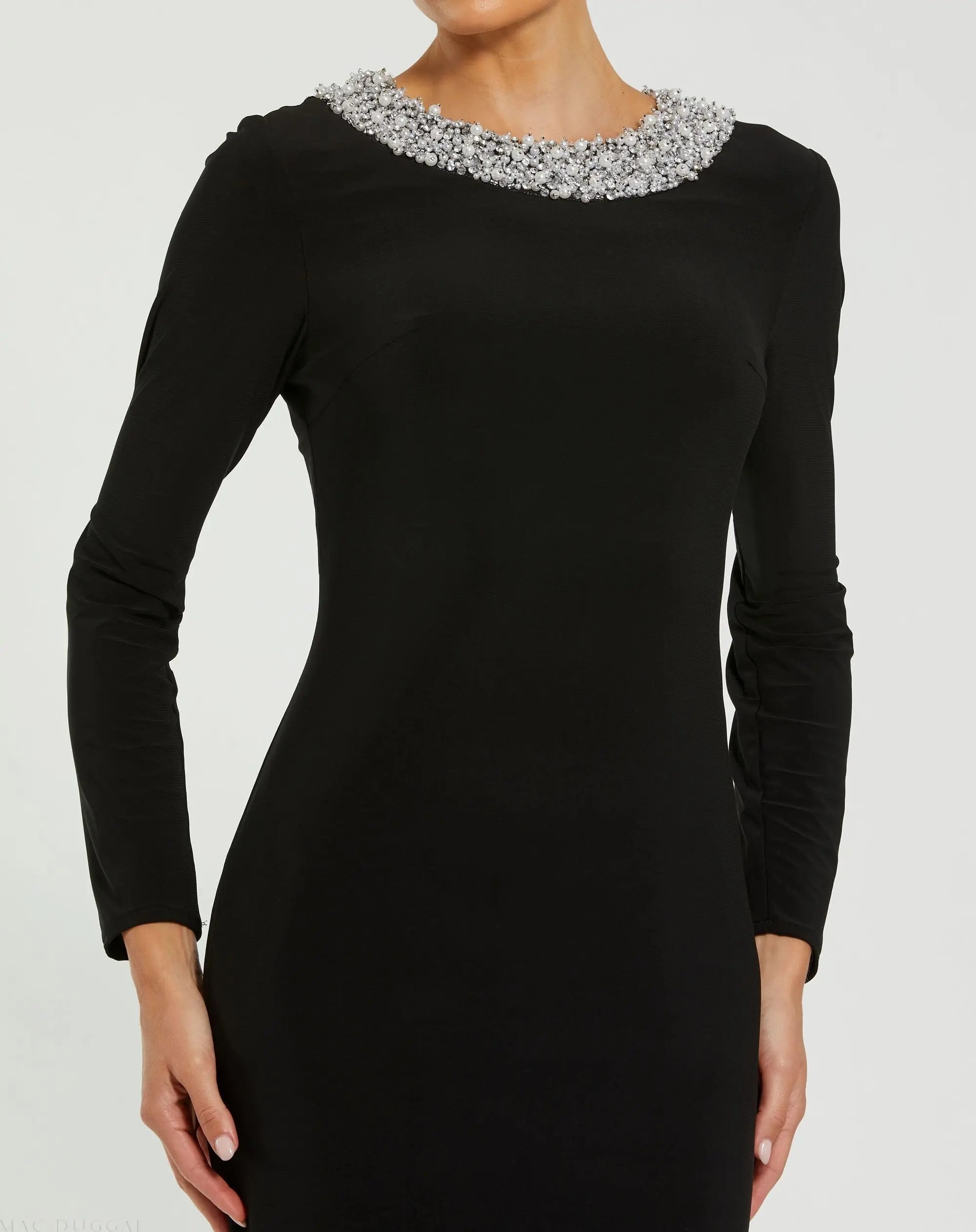 Black Jersey Long Sleeve Fitted Gown With Beaded Neck-Myartka